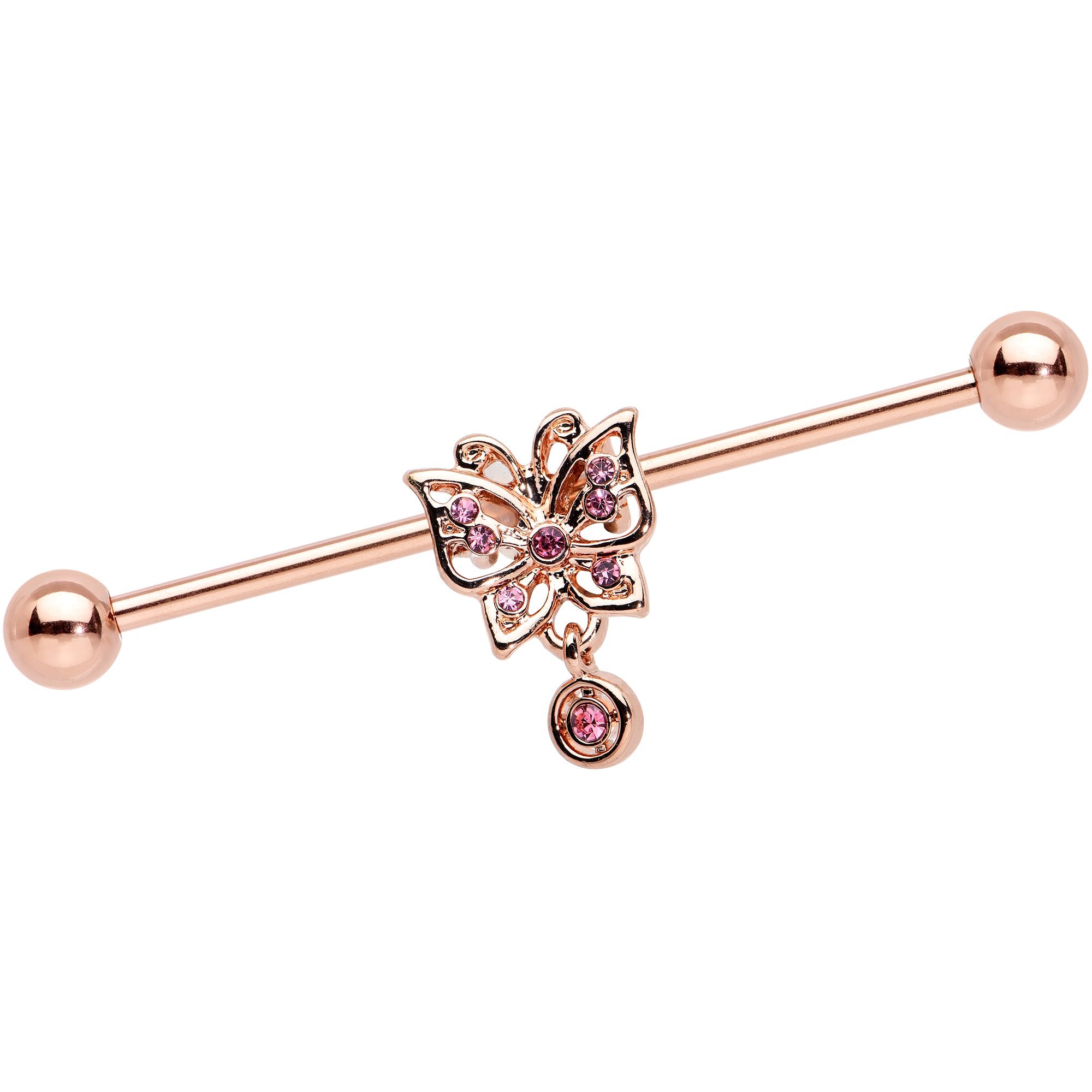 14G Pink CZ Gem Rose Gold Tone Butterfly Industrial Barbell 38mm
