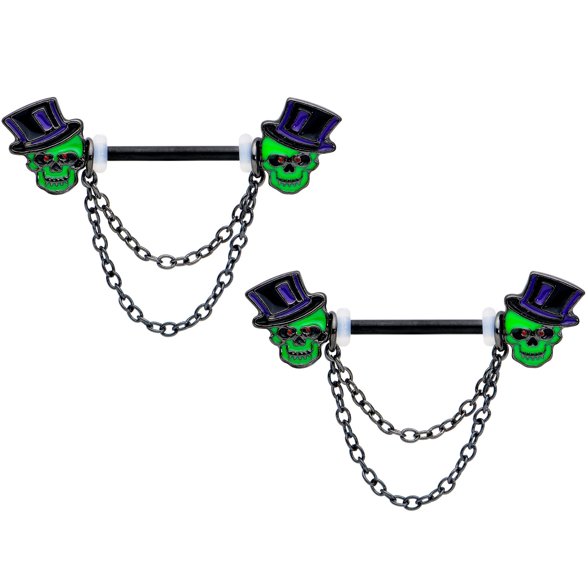14 Gauge Green Top Hat Skull Halloween Dangle Nipple Ring Set