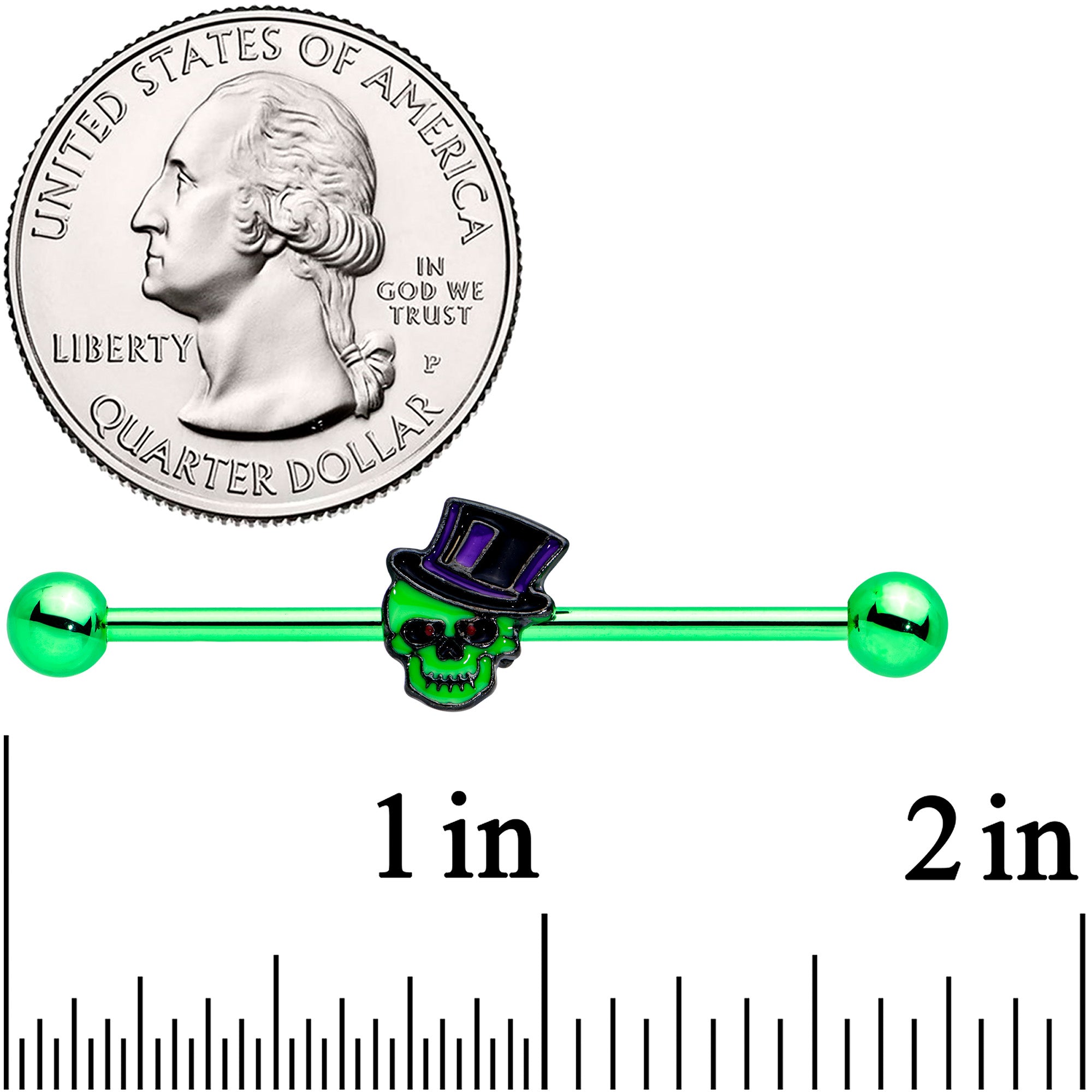 14G Green Top Hat Skull Halloween Industrial Barbell 38mm
