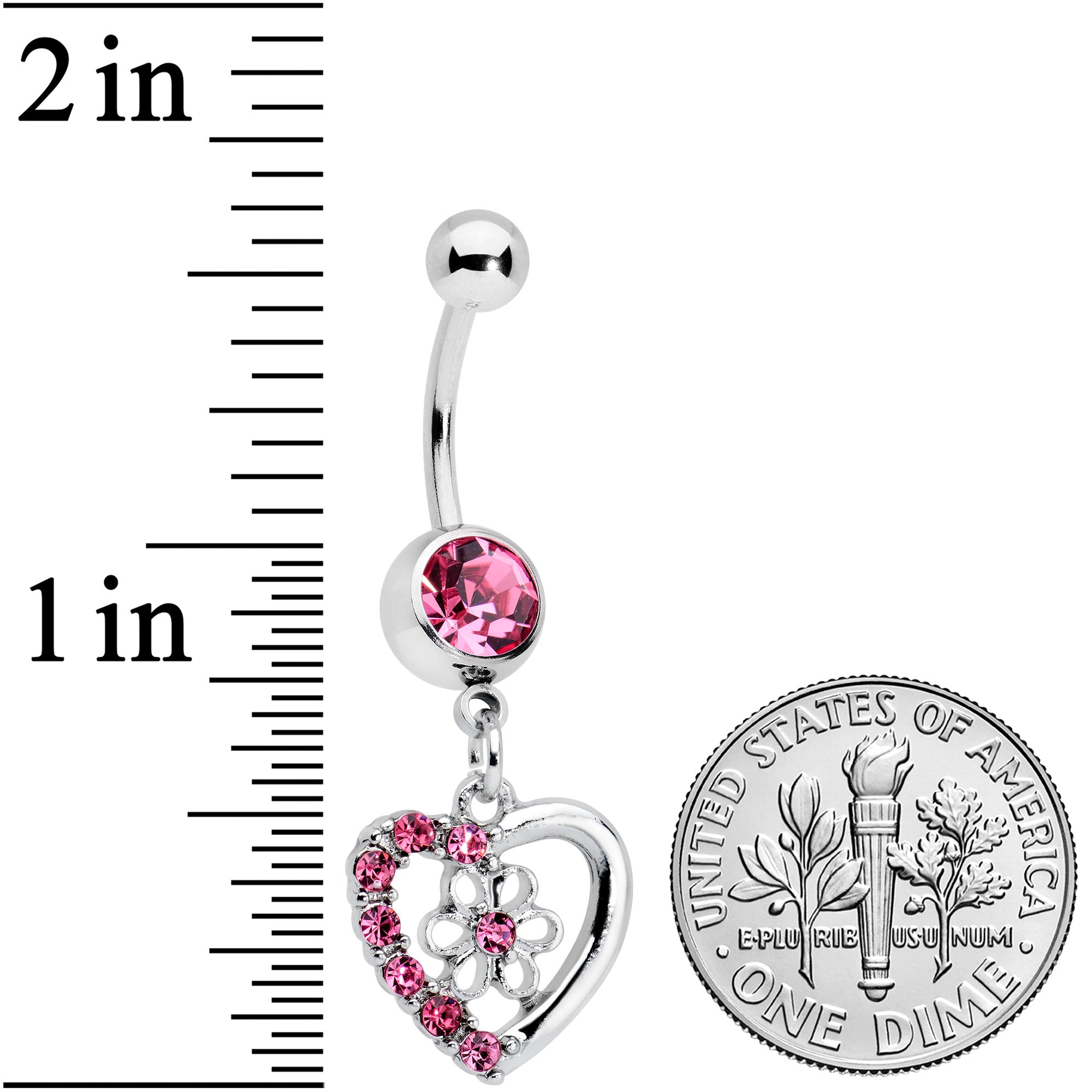 Pink Gem Floral Hollow Heart Valentines Day Dangle Belly Ring