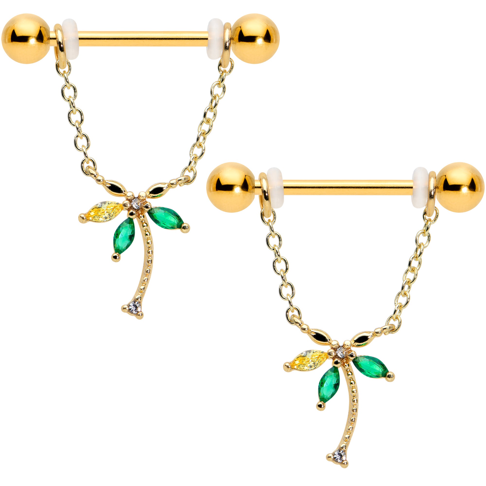 14 Gauge 9/16 Green Gem Gold Hue Palm Tree Chain Dangle Nipple Ring Set