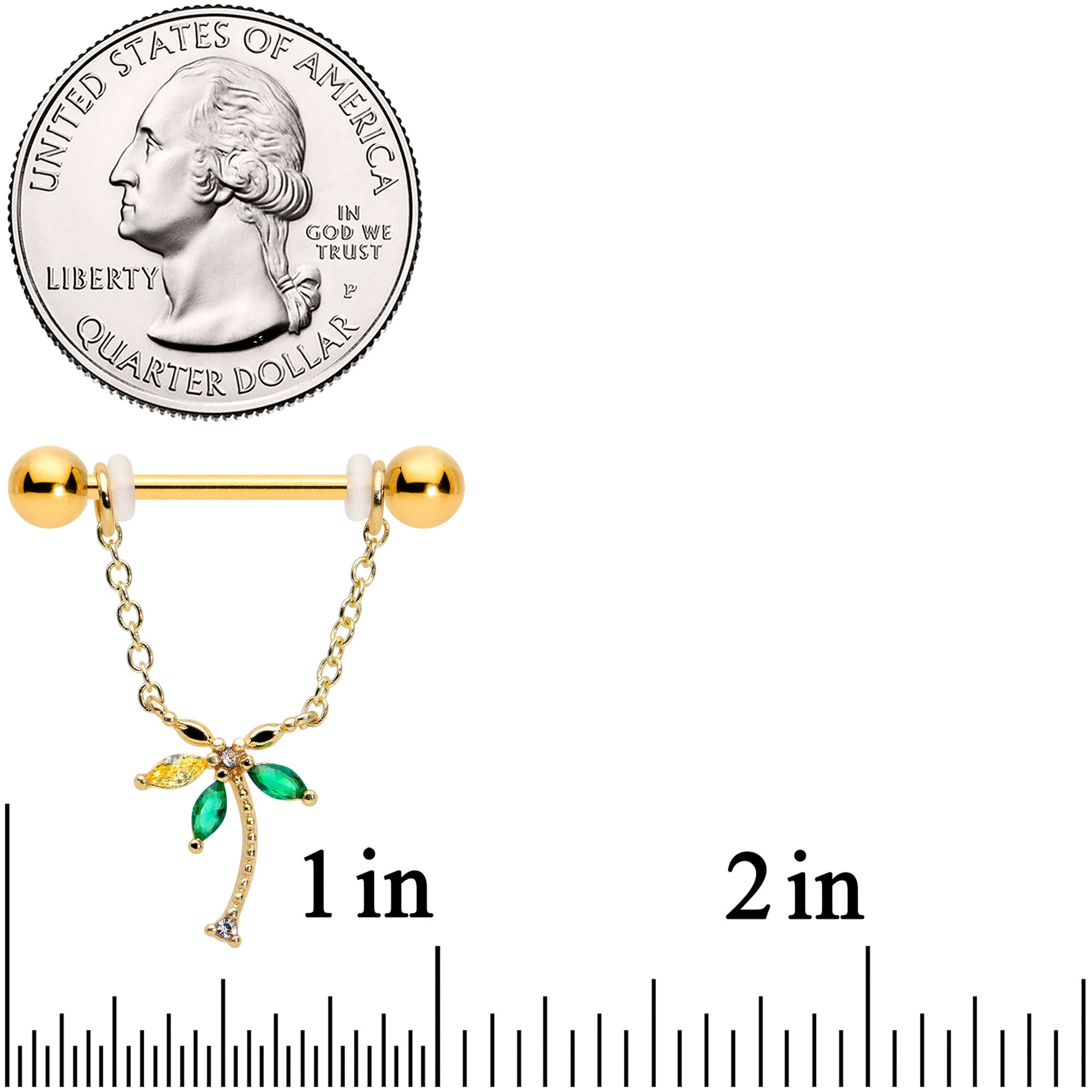 14G 9/16 Green Gem Gold Hue Palm Tree Chain Dangle Nipple Ring Set