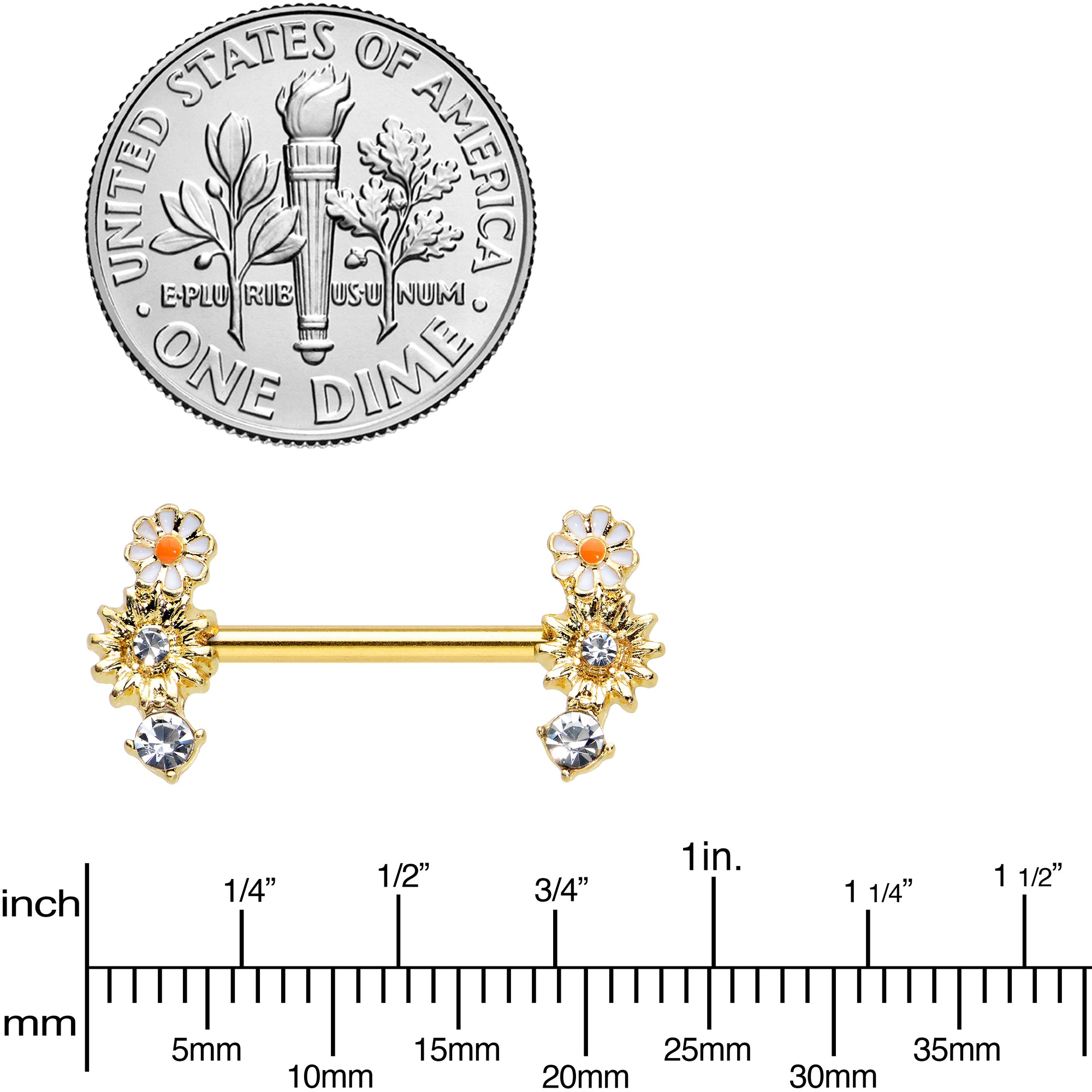 14G 1/2 Clear Gem Gold Tone Sunny Day Daisy Nipple Ring Set