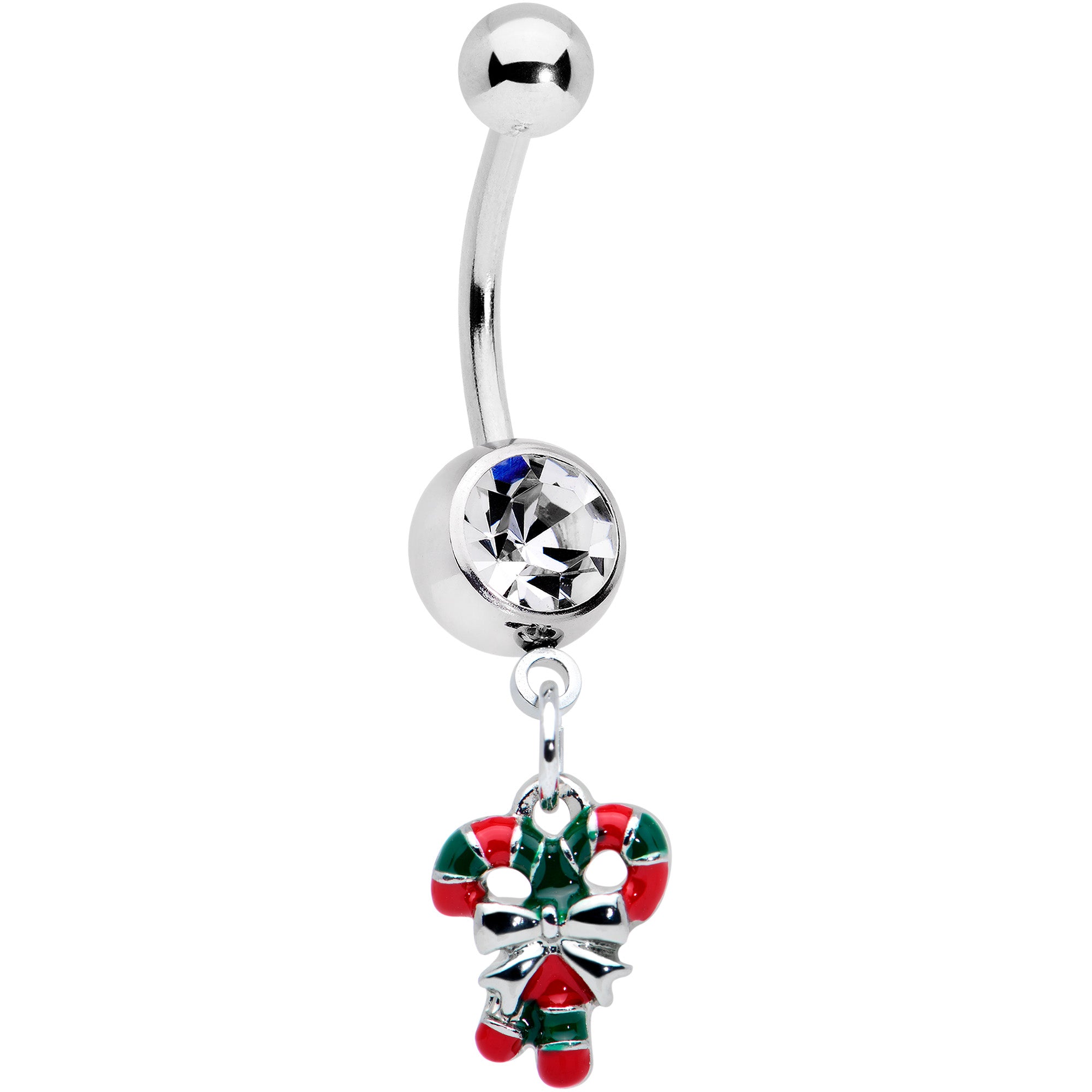 Clear Gem Pair of Candy Canes Christmas Dangle Belly Ring