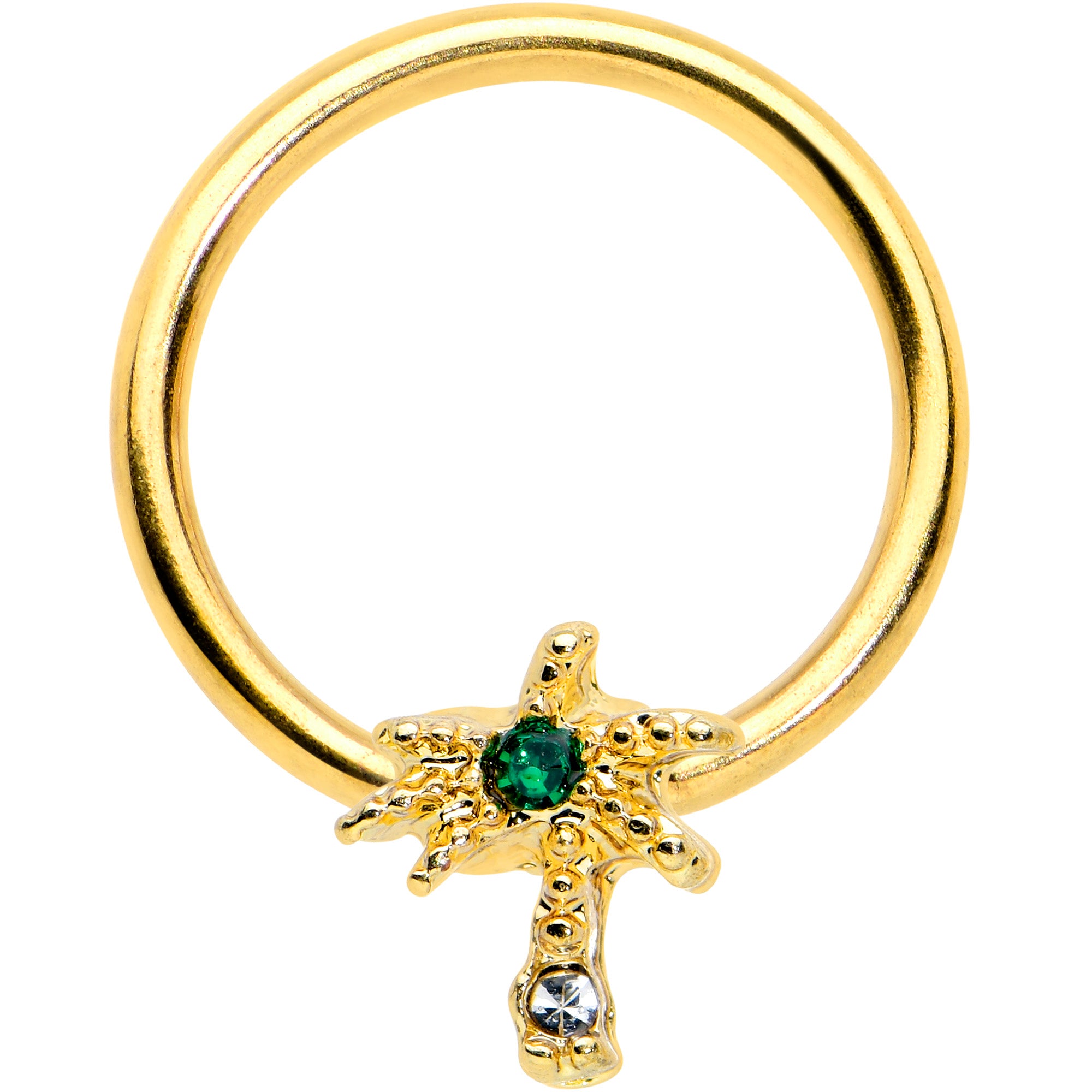 16G 3/8 Green Gem Gold Tone Texture Palm Tree BCR Captive Ring