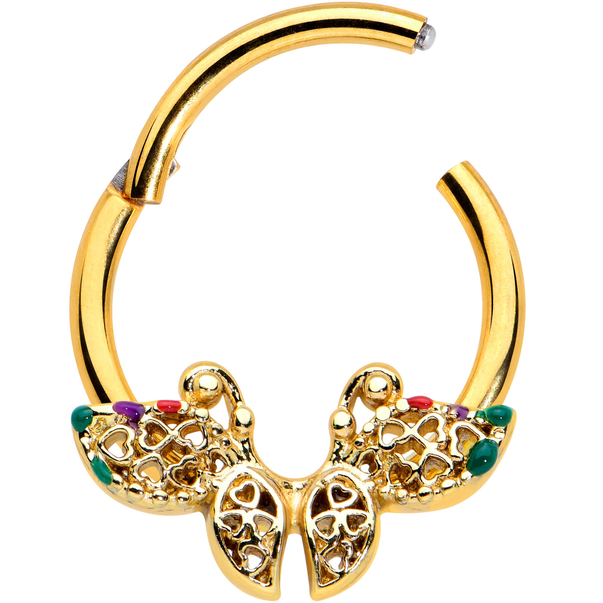 16G 3/8 Gold Tone Open Heart Butterfly Hinged Segment Ring