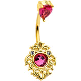 Clear Pink Gem Gold Tone Open Lace Love Double Mount Belly Ring