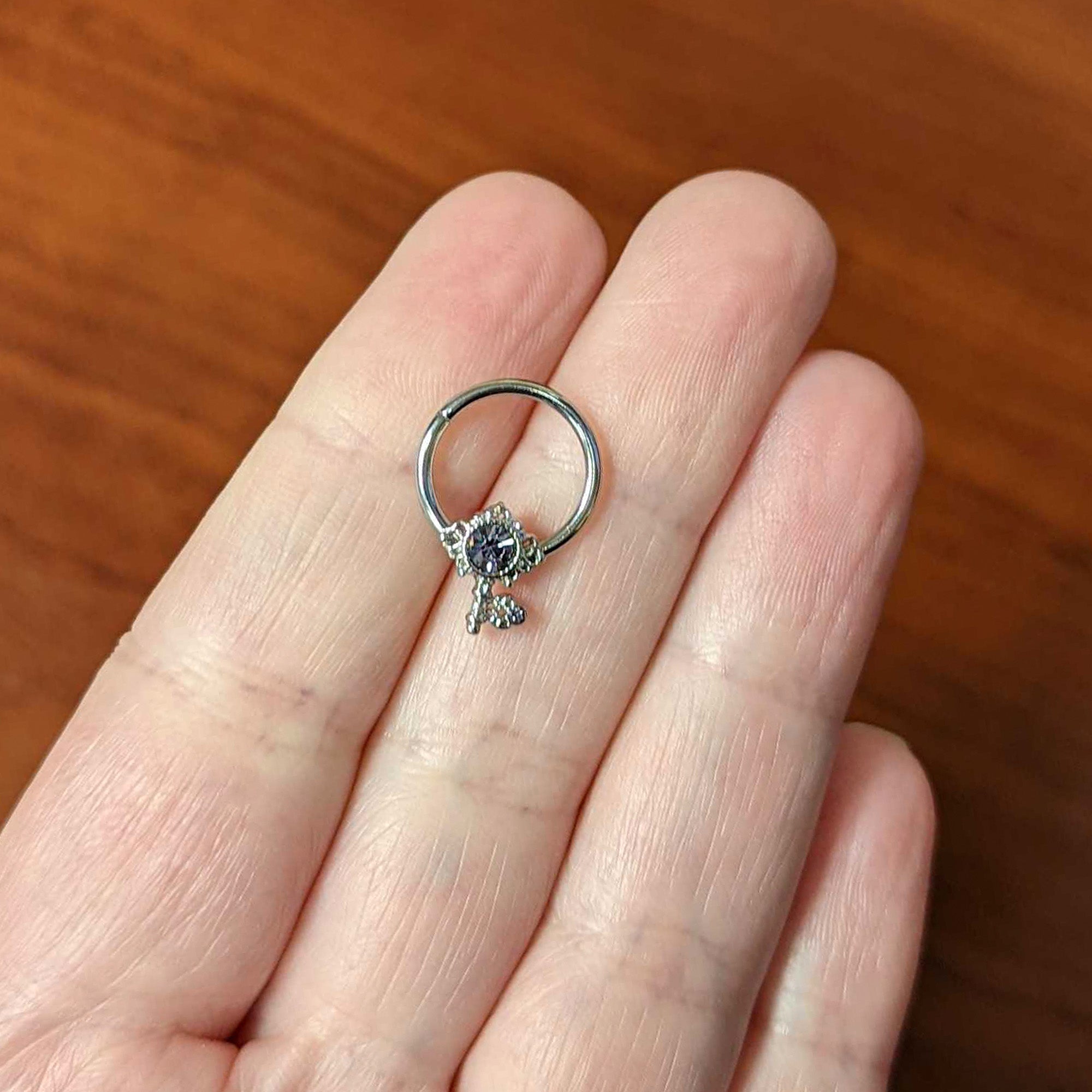 16G 3/8 Purple Gem Unlock My Heart Key Hinged Segment Ring