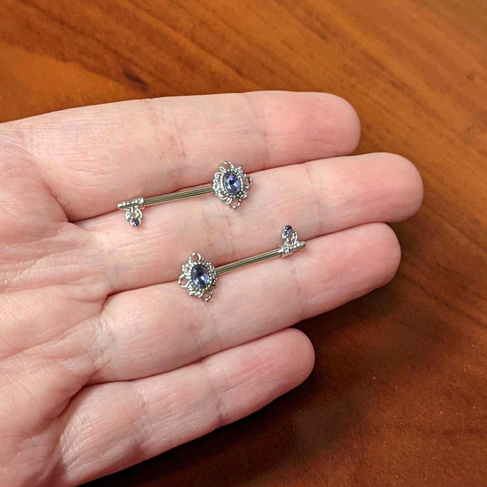 14G 9/16 Purple Gem Unlock My Heart Key Barbell Nipple Ring Set