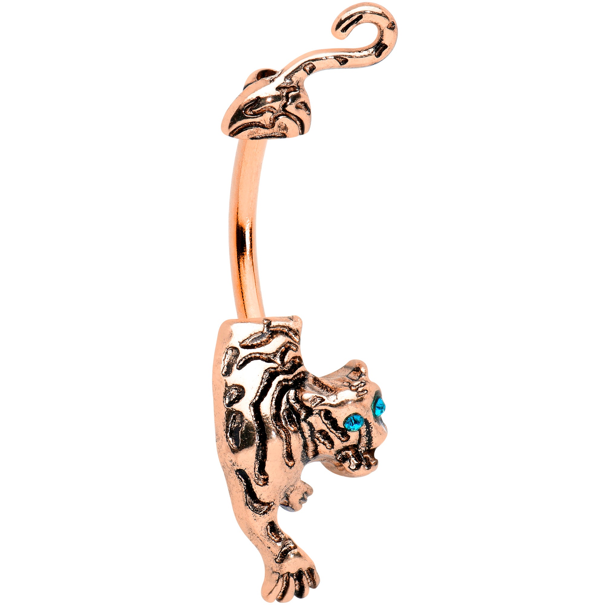 Blue Gem Rose Gold Tone Prowling Tiger Double Mount Belly Ring