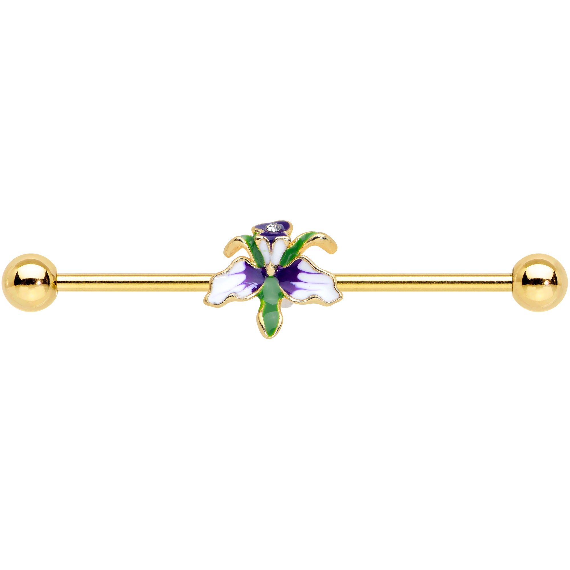 14 Gauge Clear Gem Gold Tone Iris Flower Industrial Barbell 38mm