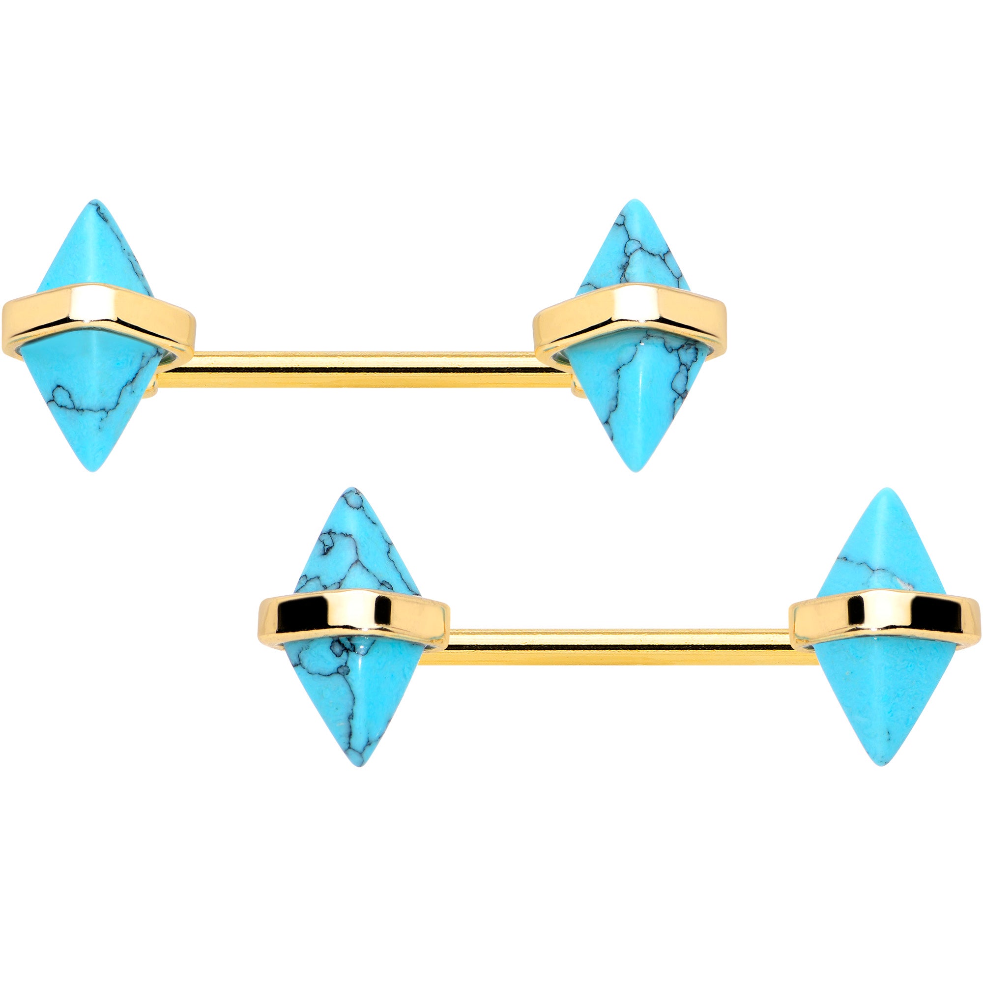 14 Gauge 9/16 Blue Turquoise Gold Tone Rhombus Barbell Nipple Ring Set