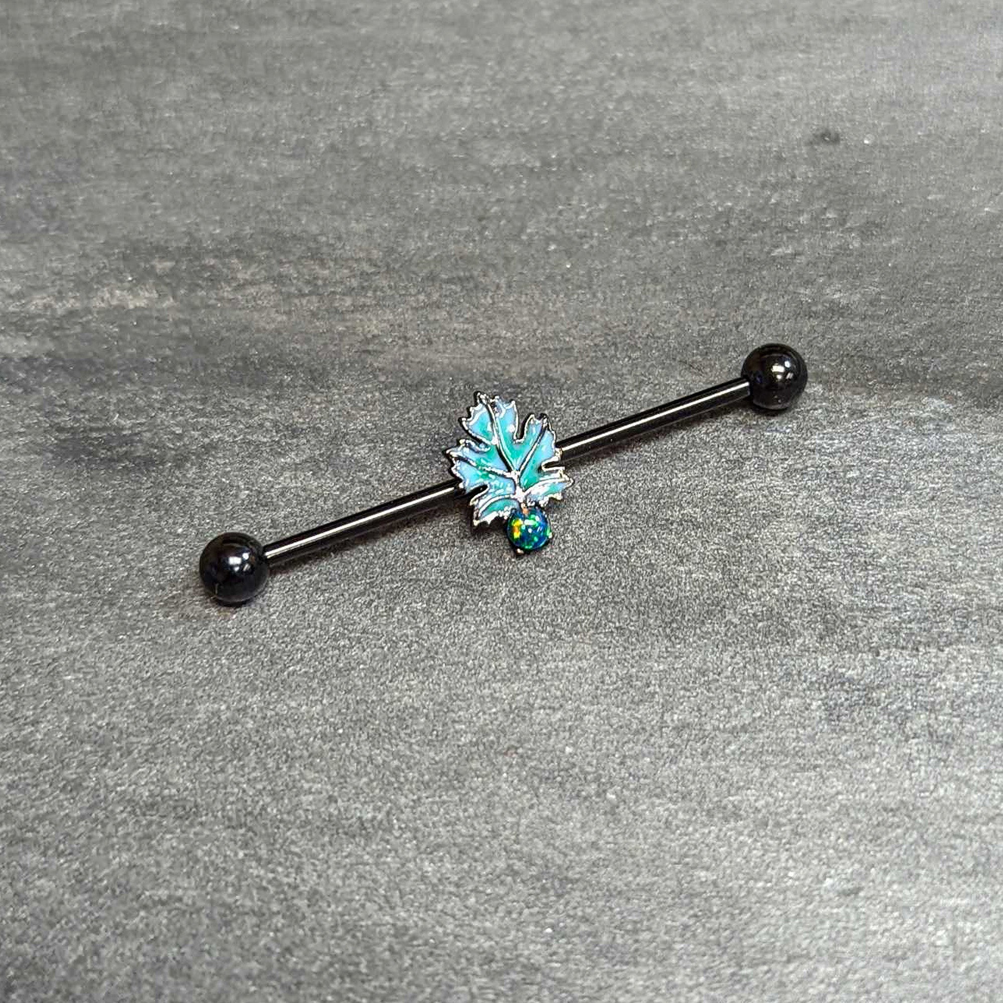 14G Green Synthetic Opal Black Fall Leaf Industrial Barbell 38mm
