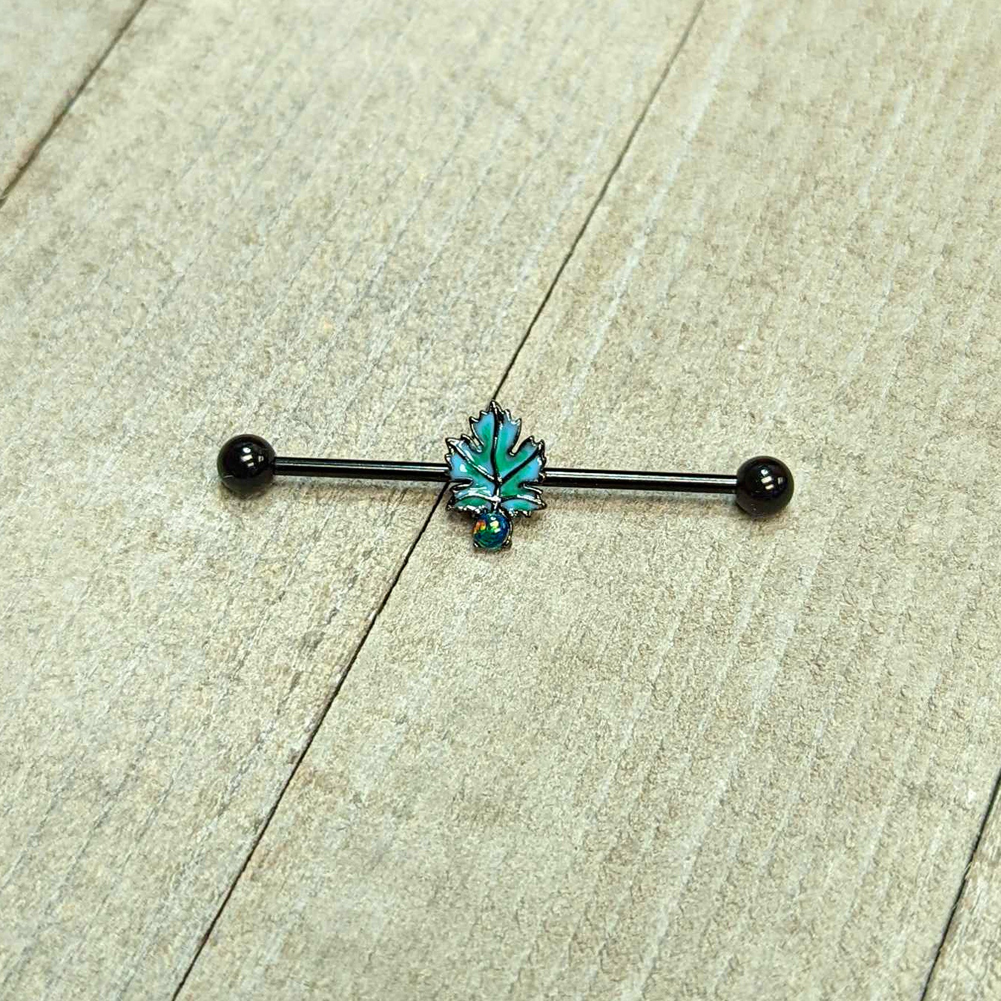 14G Green Synthetic Opal Black Fall Leaf Industrial Barbell 38mm