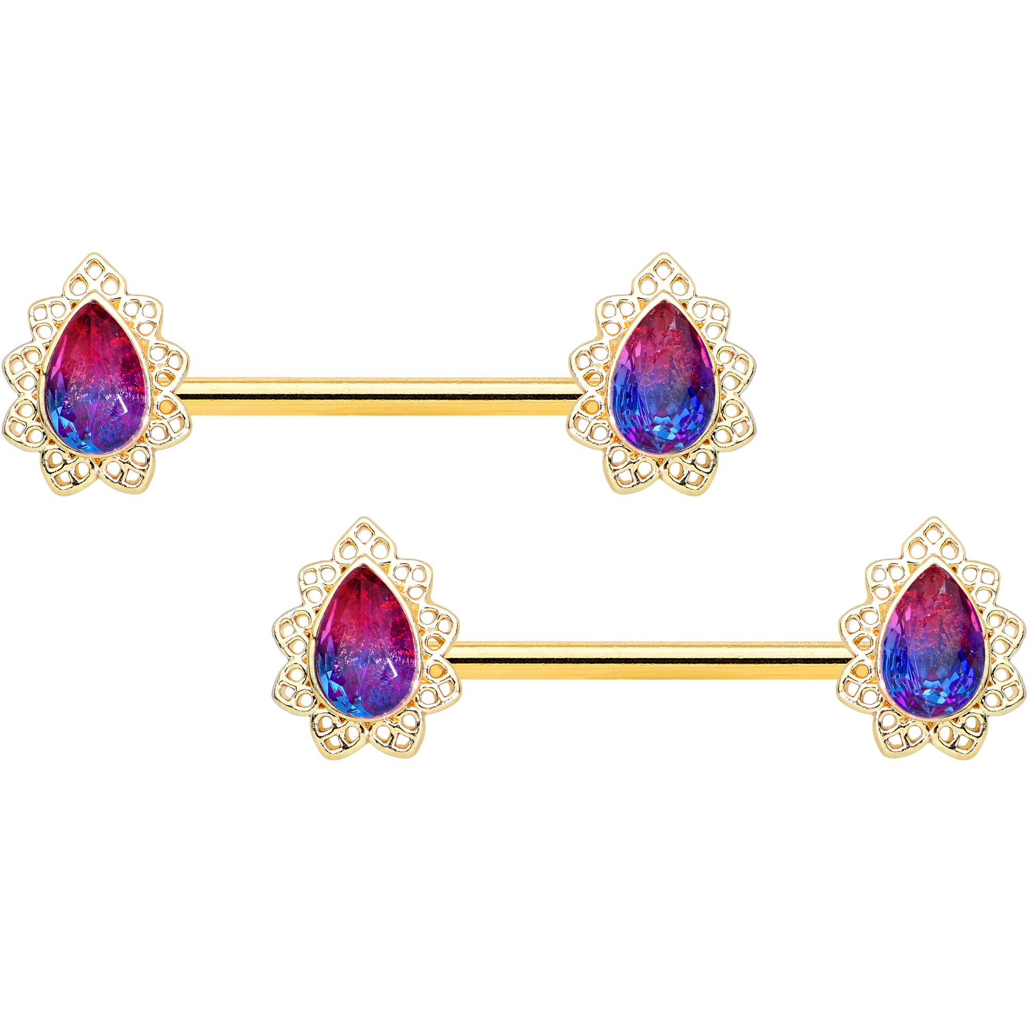 14G 9/16 Purple Tourmaline Gold Tone Drop Barbell Nipple Ring Set