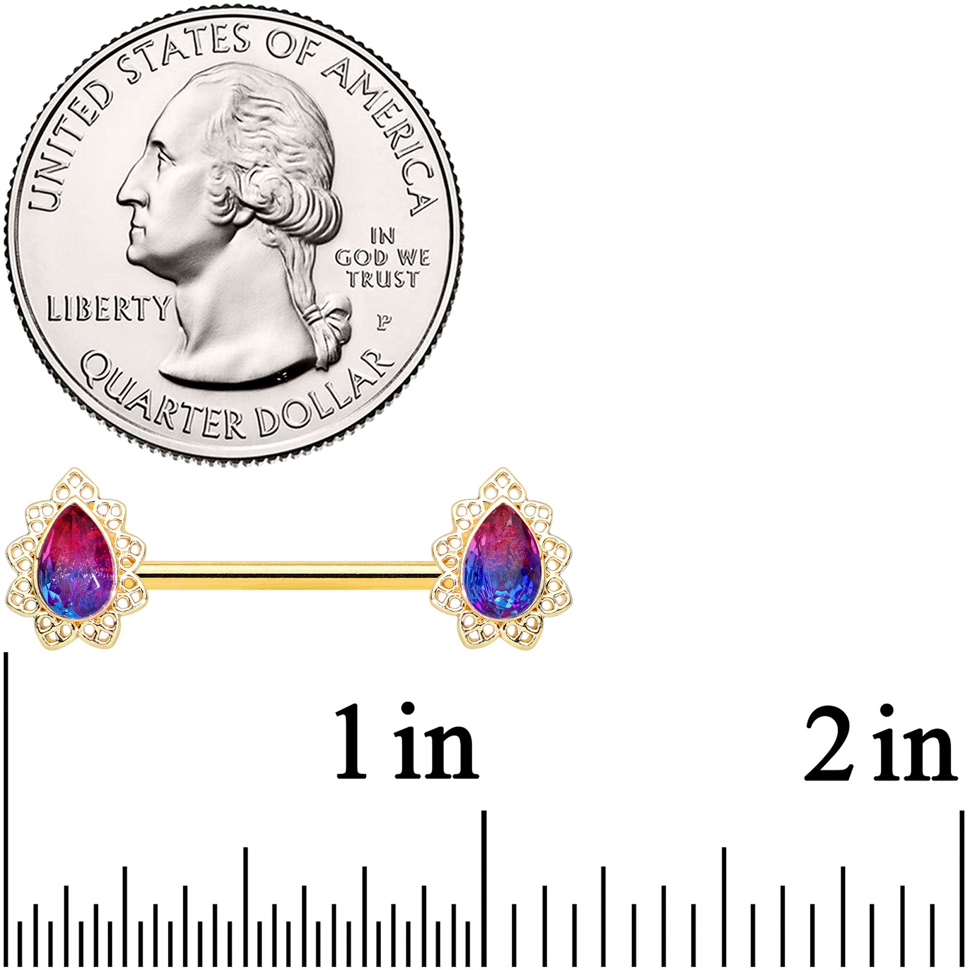 14G 9/16 Purple Tourmaline Gold Tone Drop Barbell Nipple Ring Set