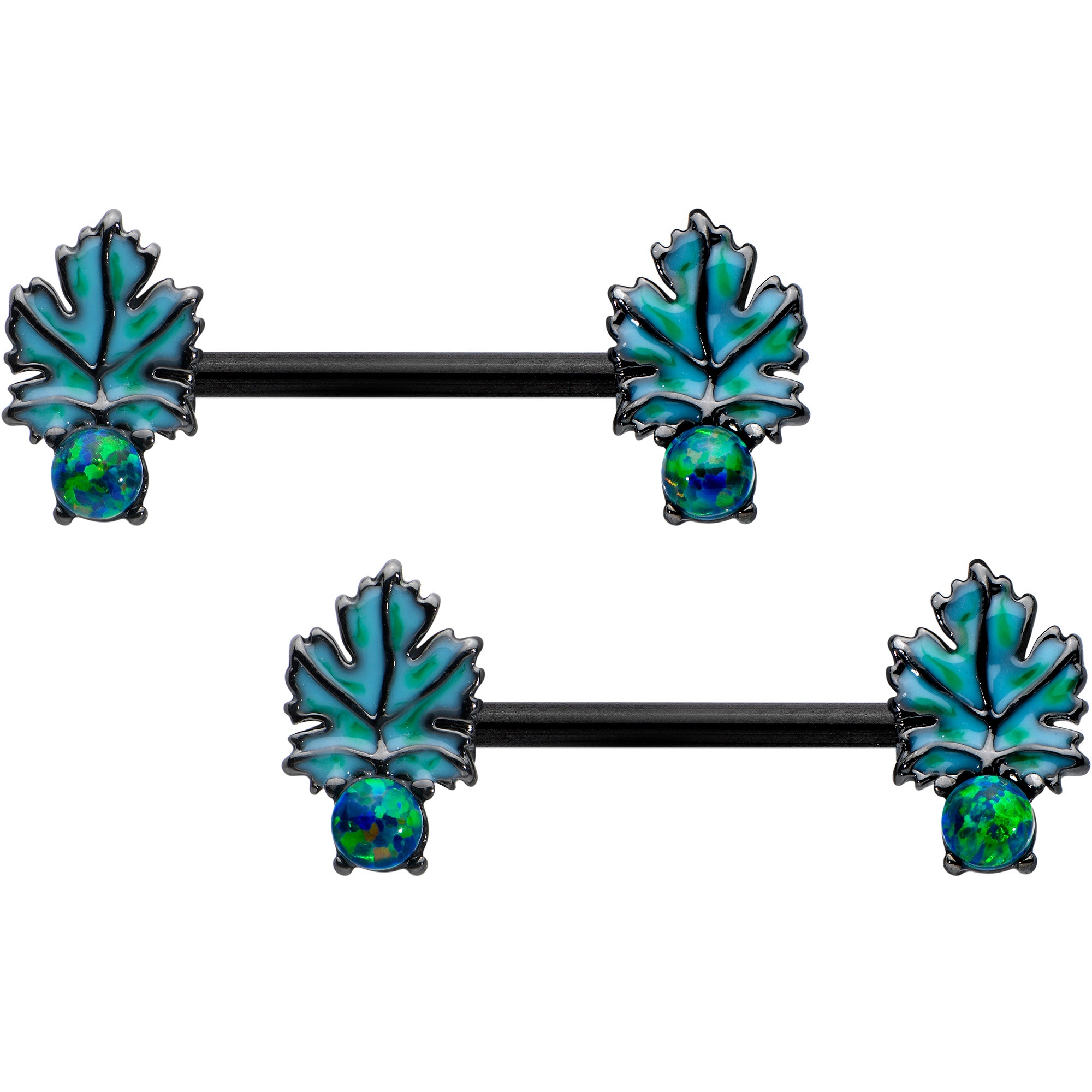14G 1/2 Green Synthetic Opal Black Fall Leaf Nipple Ring Set