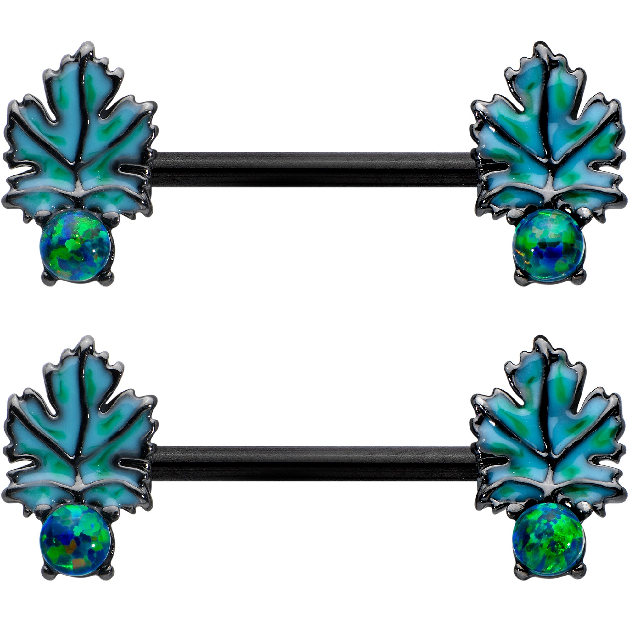 14G 1/2 Green Synthetic Opal Black Fall Leaf Nipple Ring Set