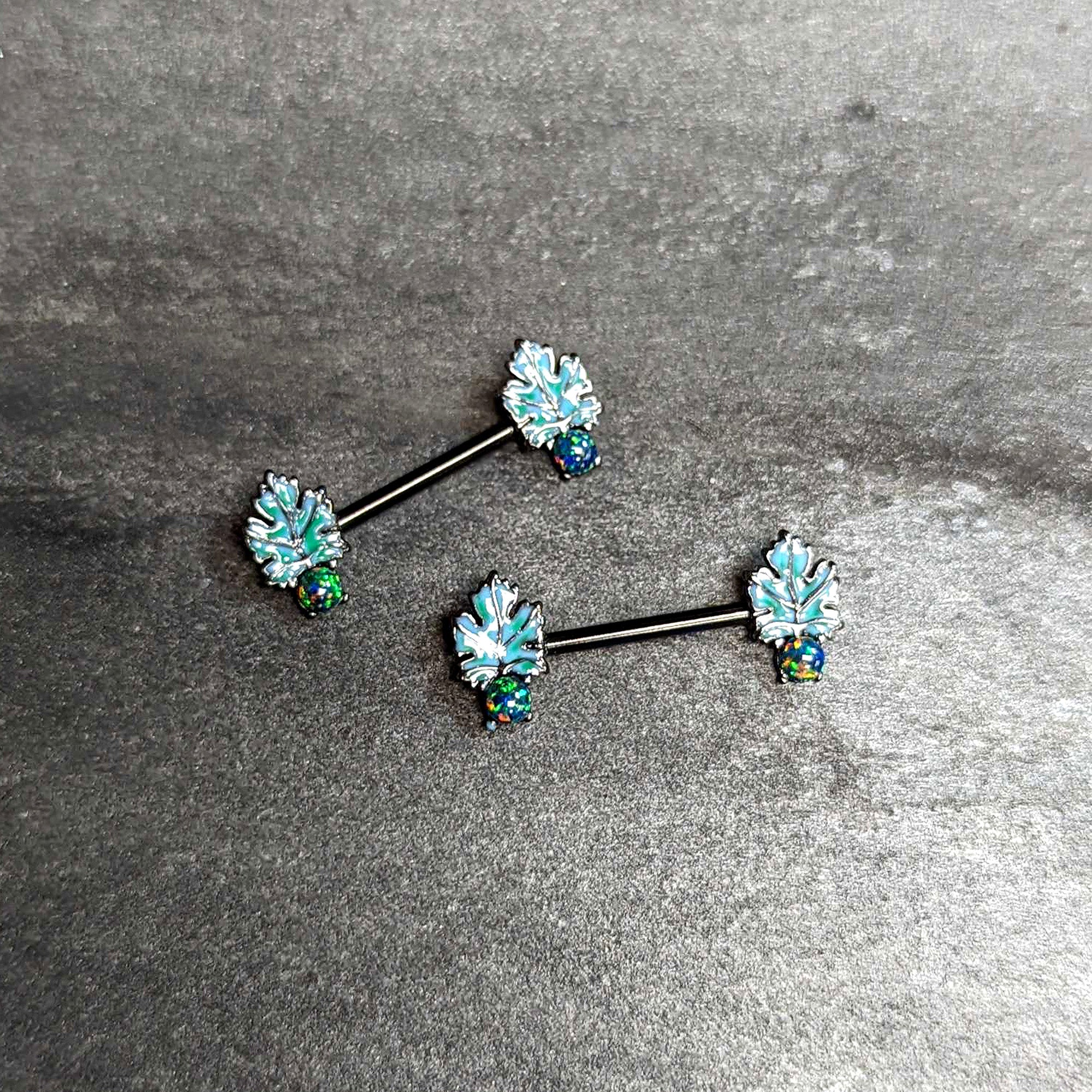14G 1/2 Green Synthetic Opal Black Fall Leaf Nipple Ring Set