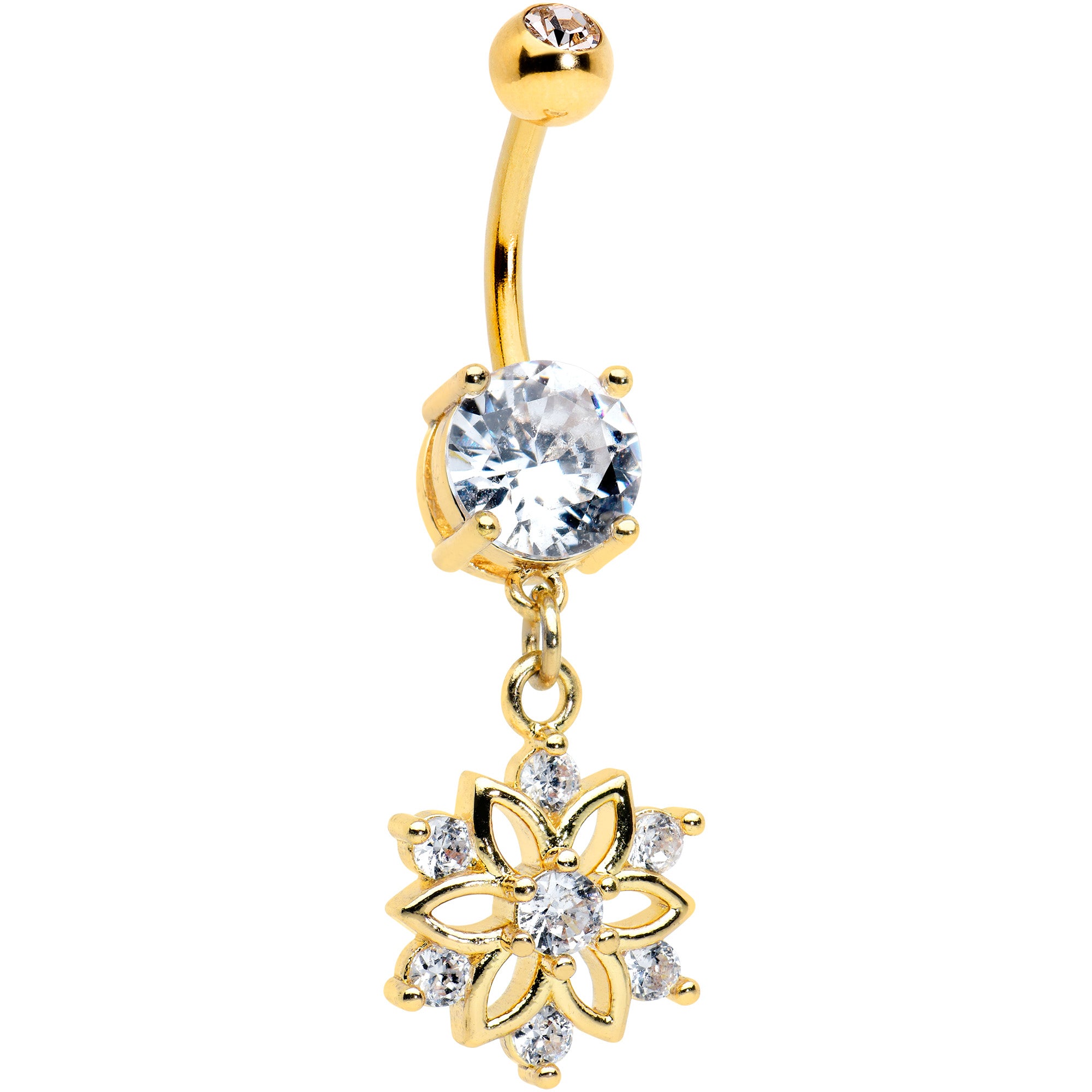Clear Gem Gold Tone Flower Snowflake Christmas Dangle Belly Ring