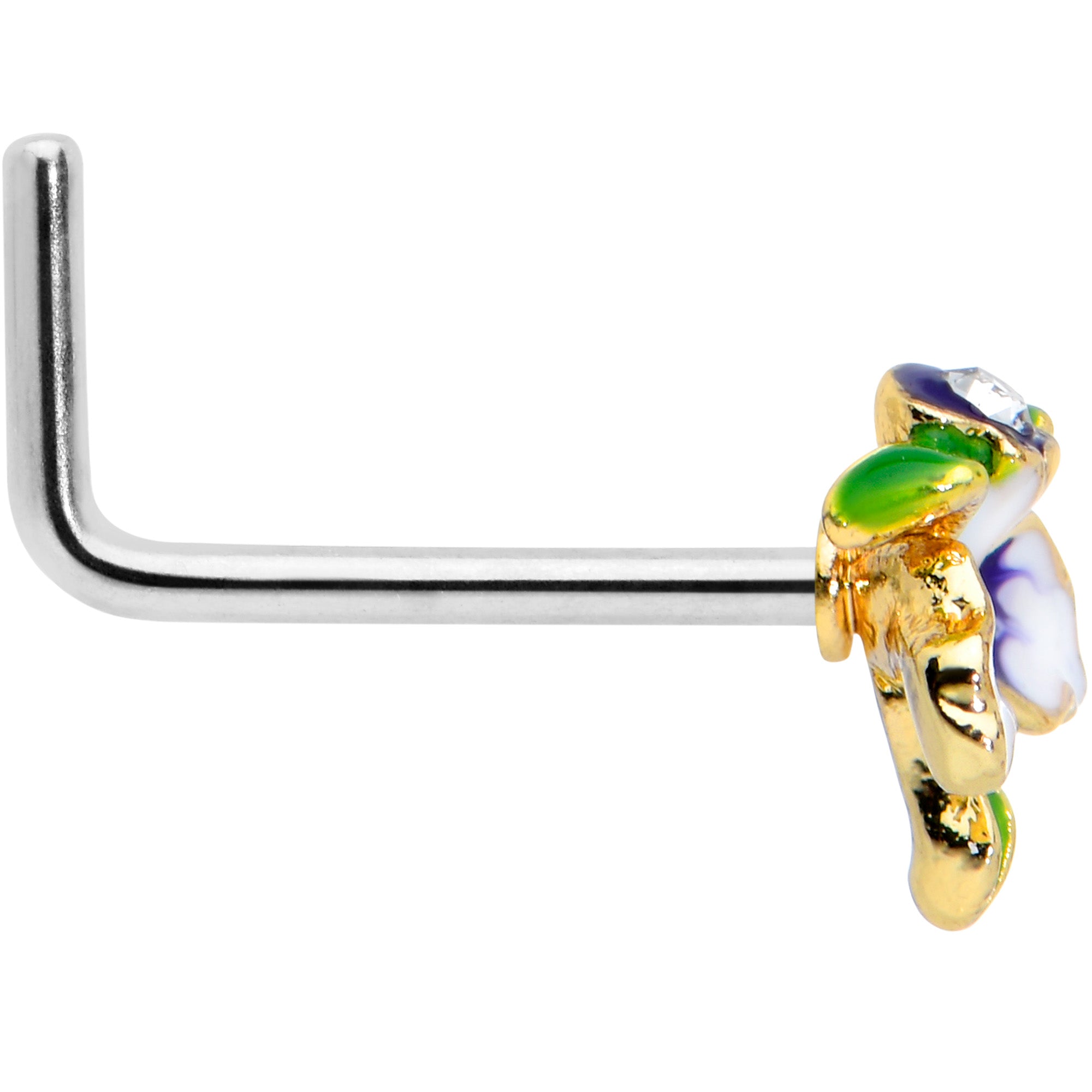 20G 7.5mm Clear Gem Golden Iris Flower L Shape Nose Ring