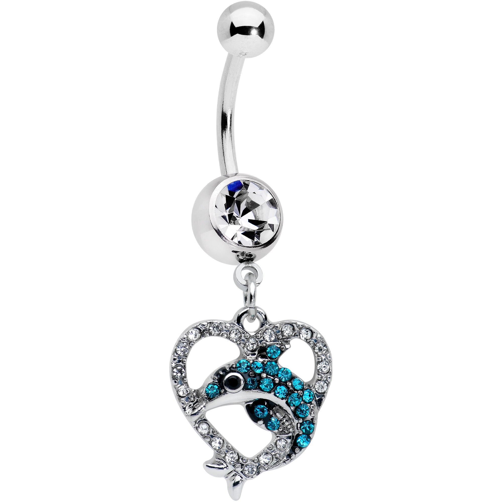 Clear Blue Gem Dolphin Heart Dangle Belly Ring