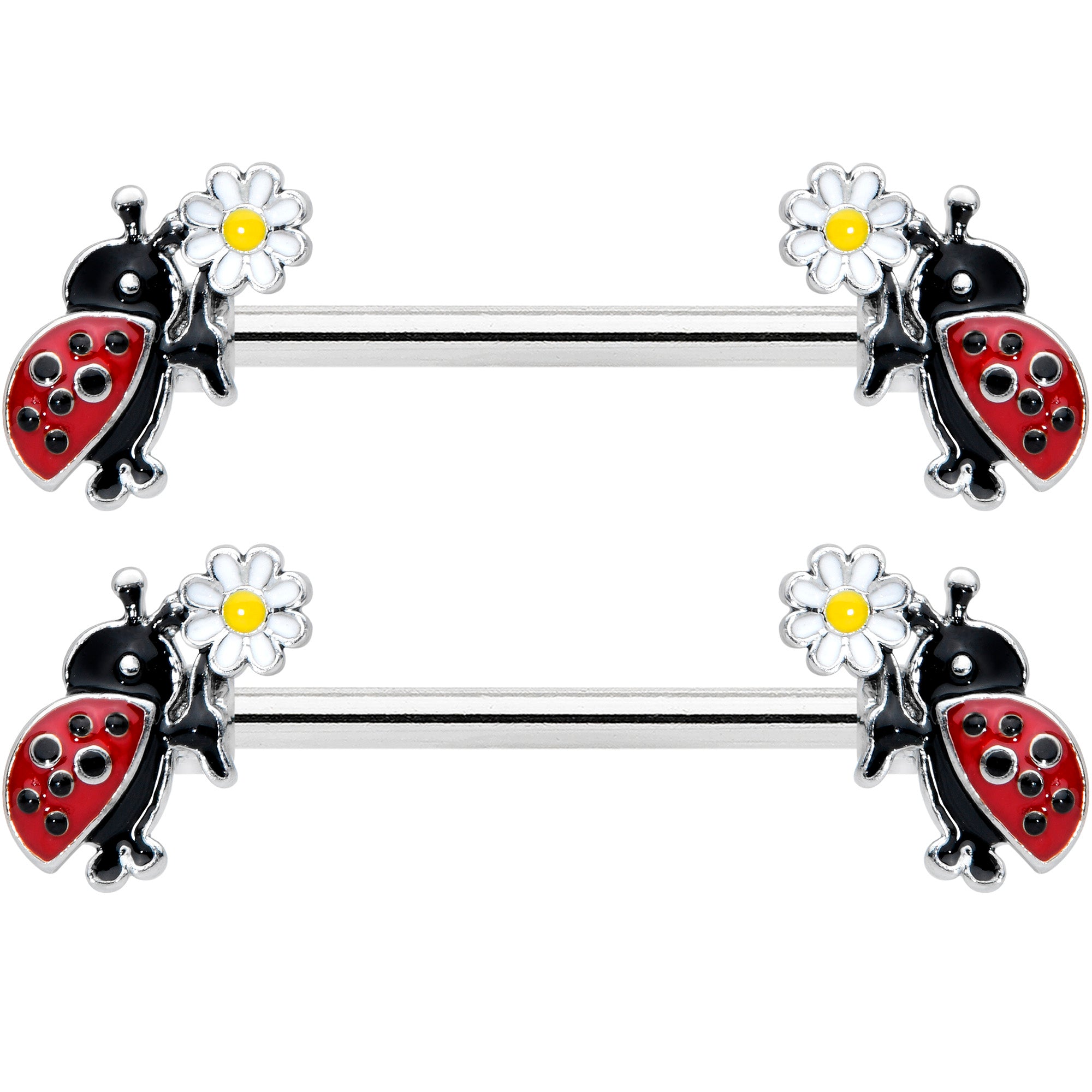 14G 1/2 Ladybug Daisy Flower Barbell Nipple Ring Set