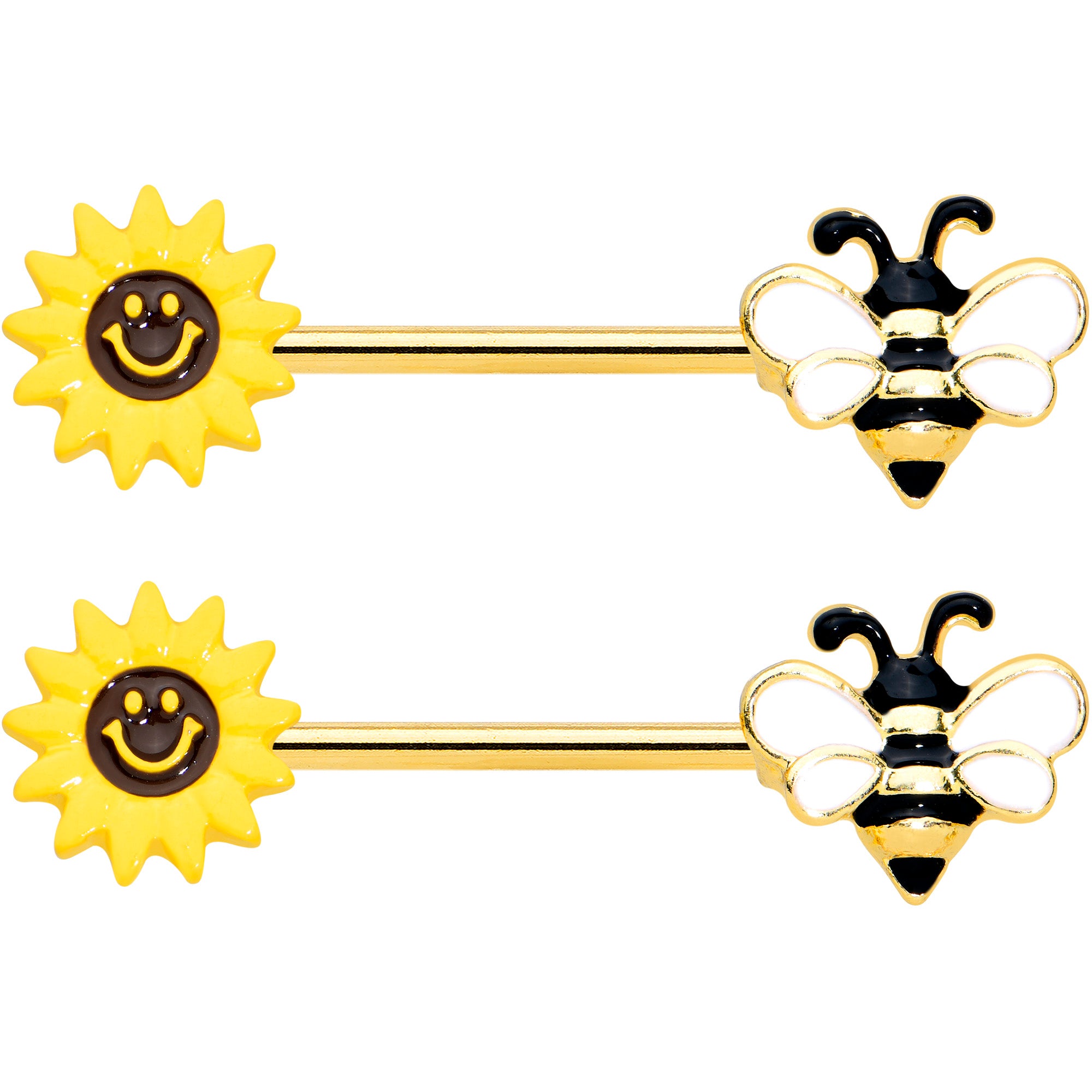 14G 9/16 Gold Tone Bee Smiley Sunflower Barbell Nipple Ring Set