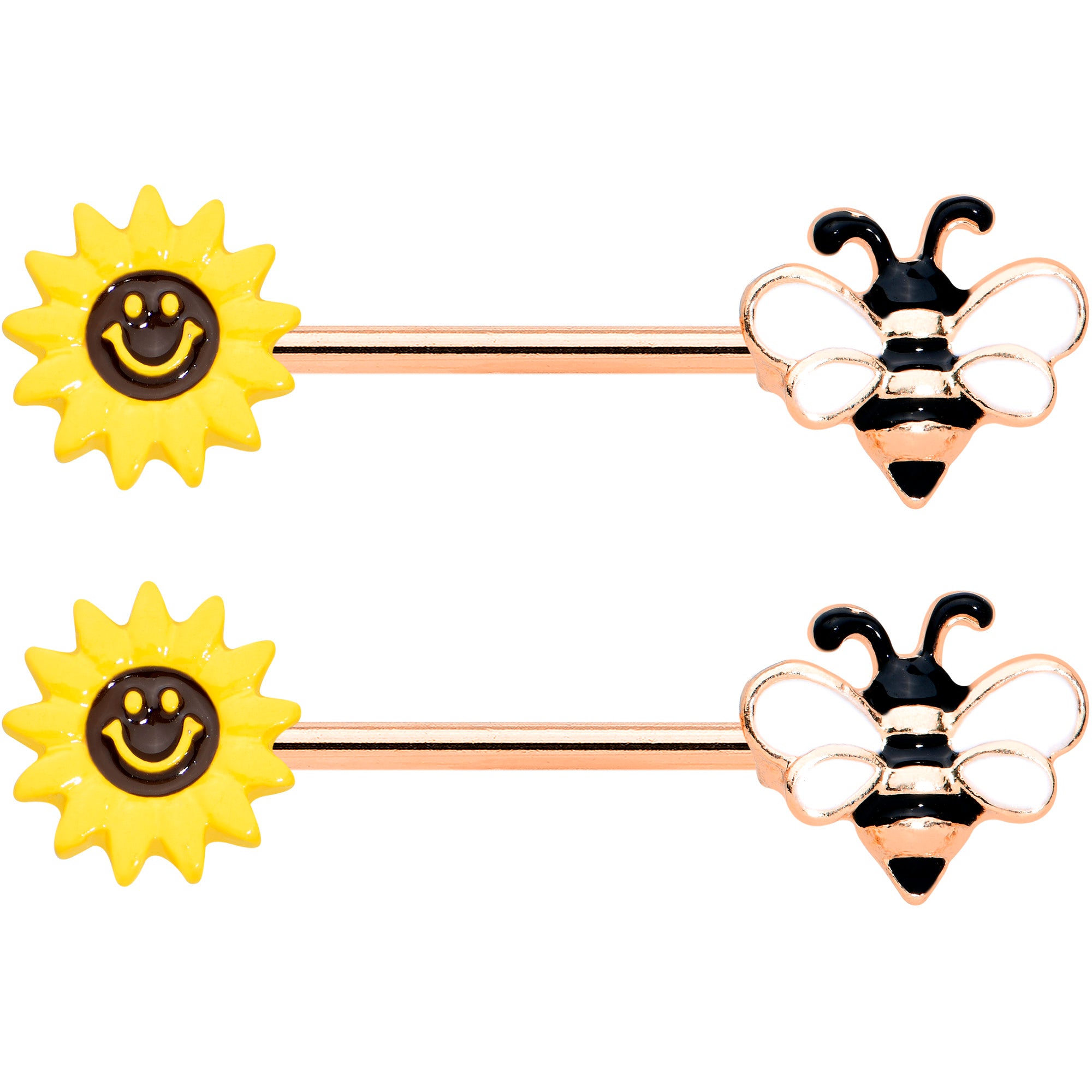14G 9/16 Rose Gold Hue Bee Smiley Sunflower Nipple Ring Set