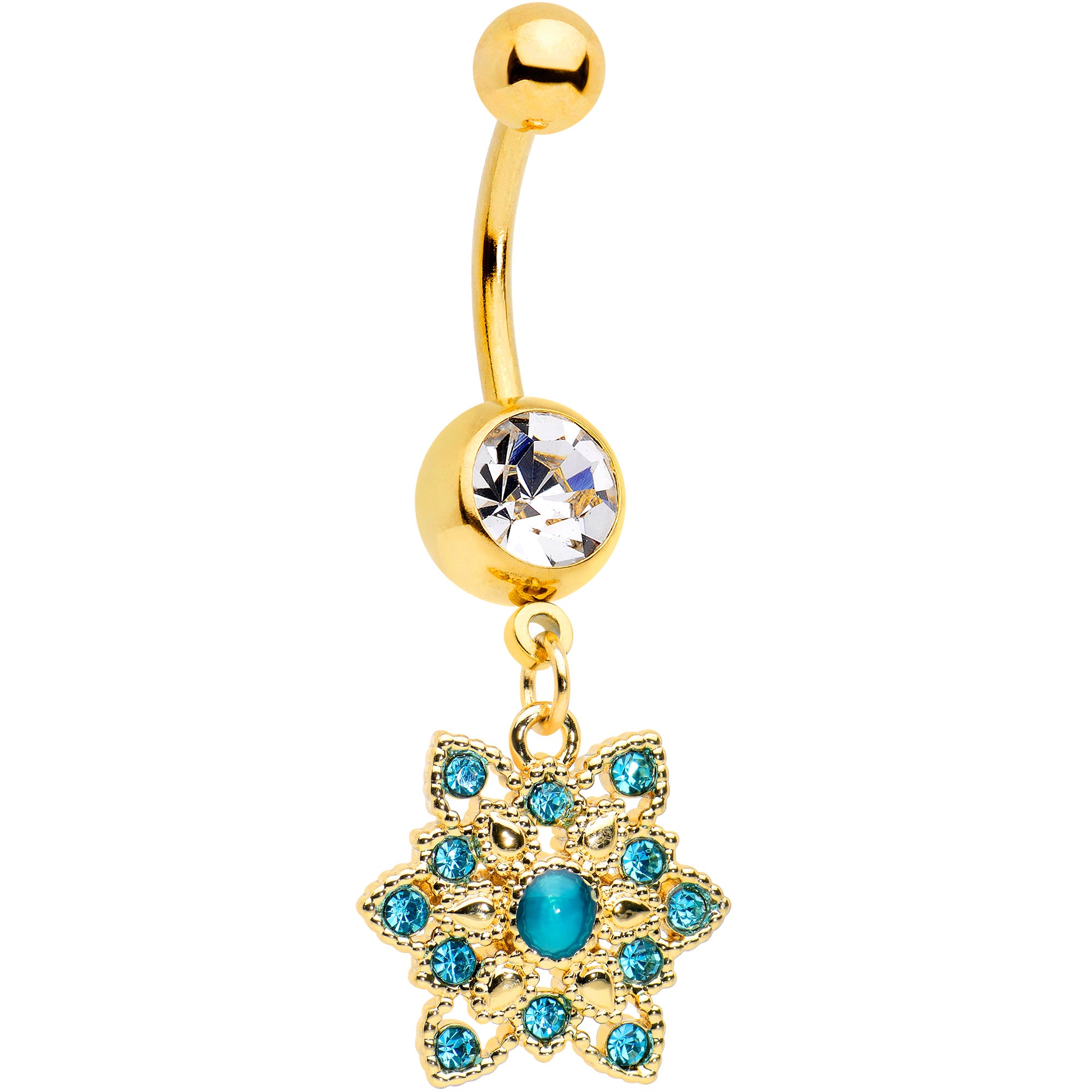 Clear Blue Gem Gold Tone Snowflake Christmas Dangle Belly Ring