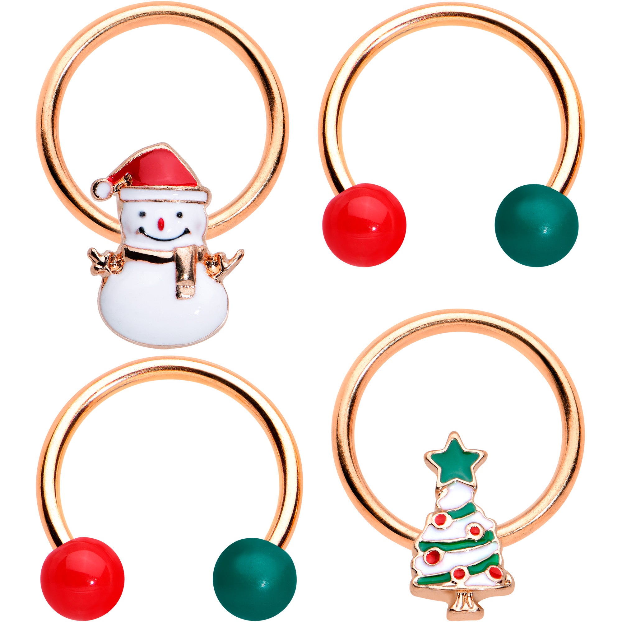 16G 3/8 Rose Gold Tone Snowman Christmas BCR Horseshoe Set of 4