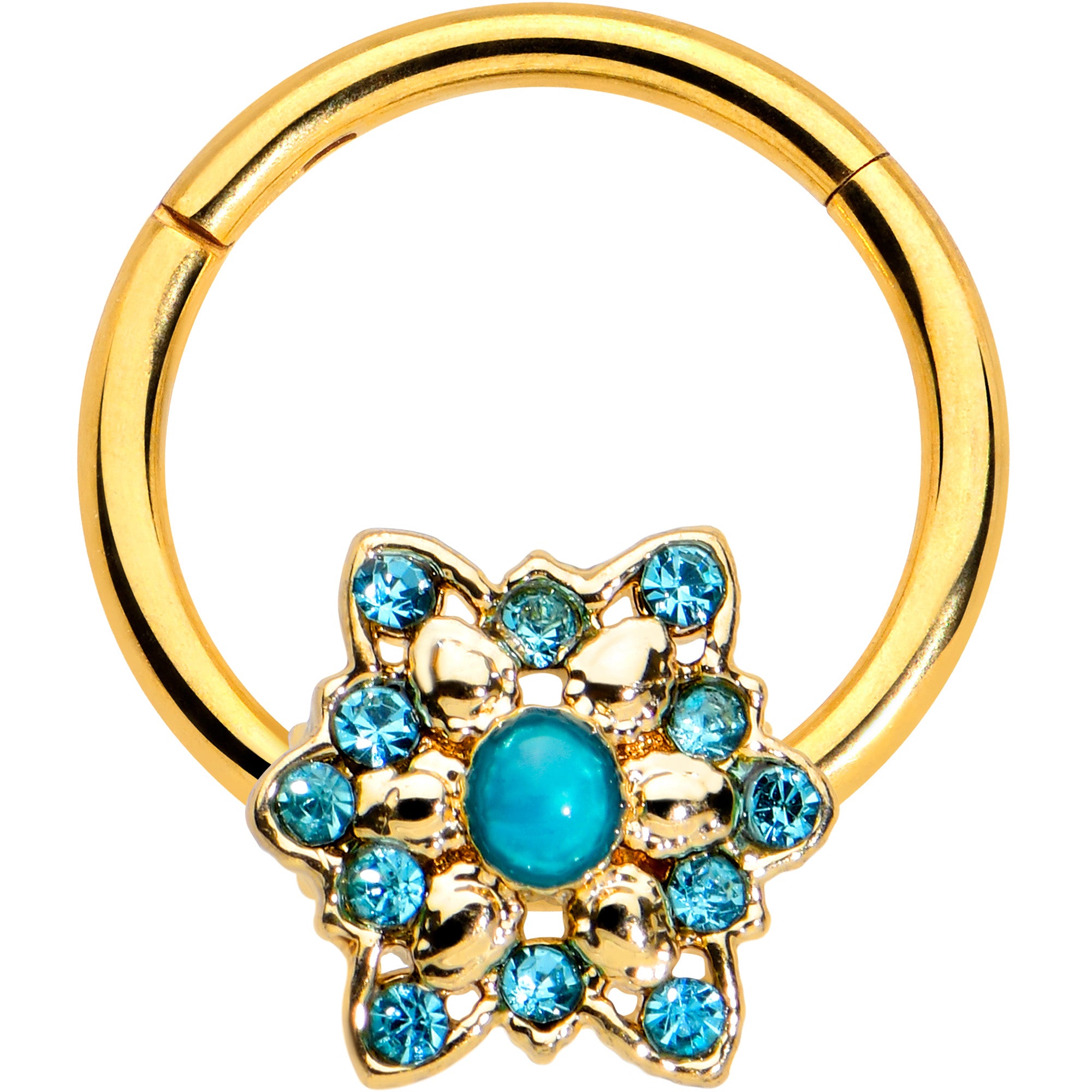 16G 3/8 Aqua Gem Gold Tone Snowflake Christmas Hinged Segment Ring