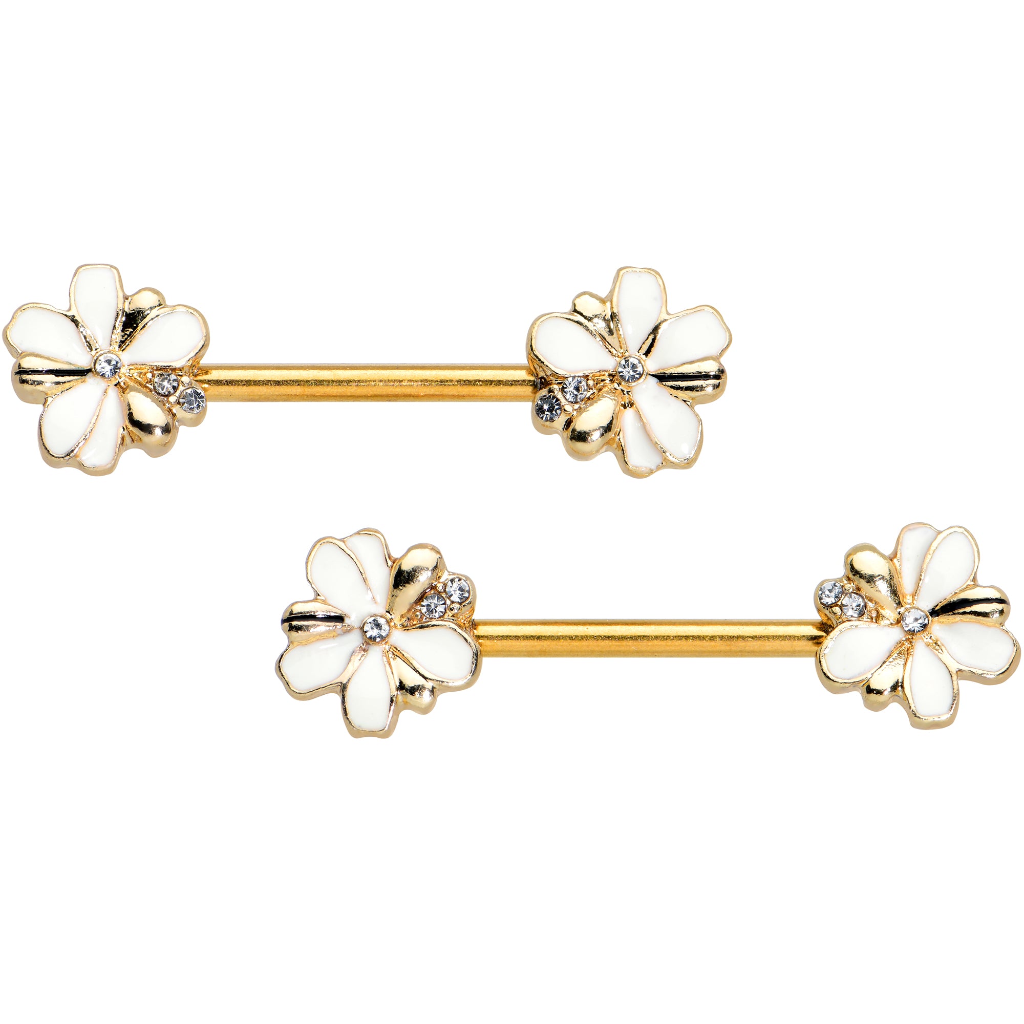14G 9/16 Clear Gem Gold Tone Feeding Bee Barbell Nipple Ring Set