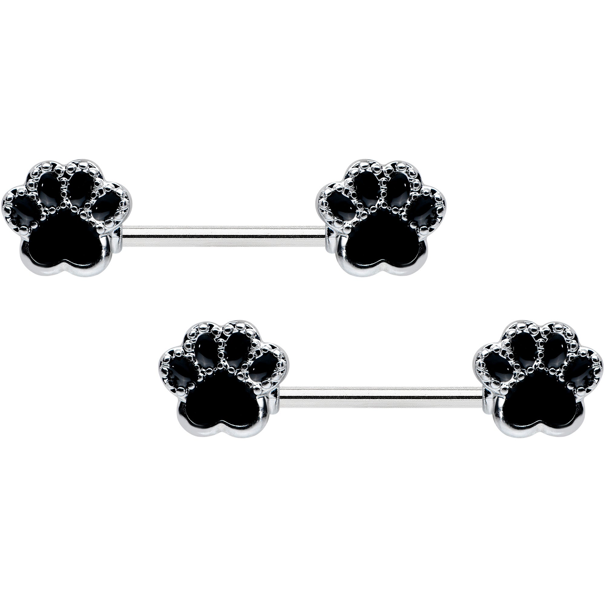 14G 9/16 Textured Black Paw Print Barbell Nipple Ring Set