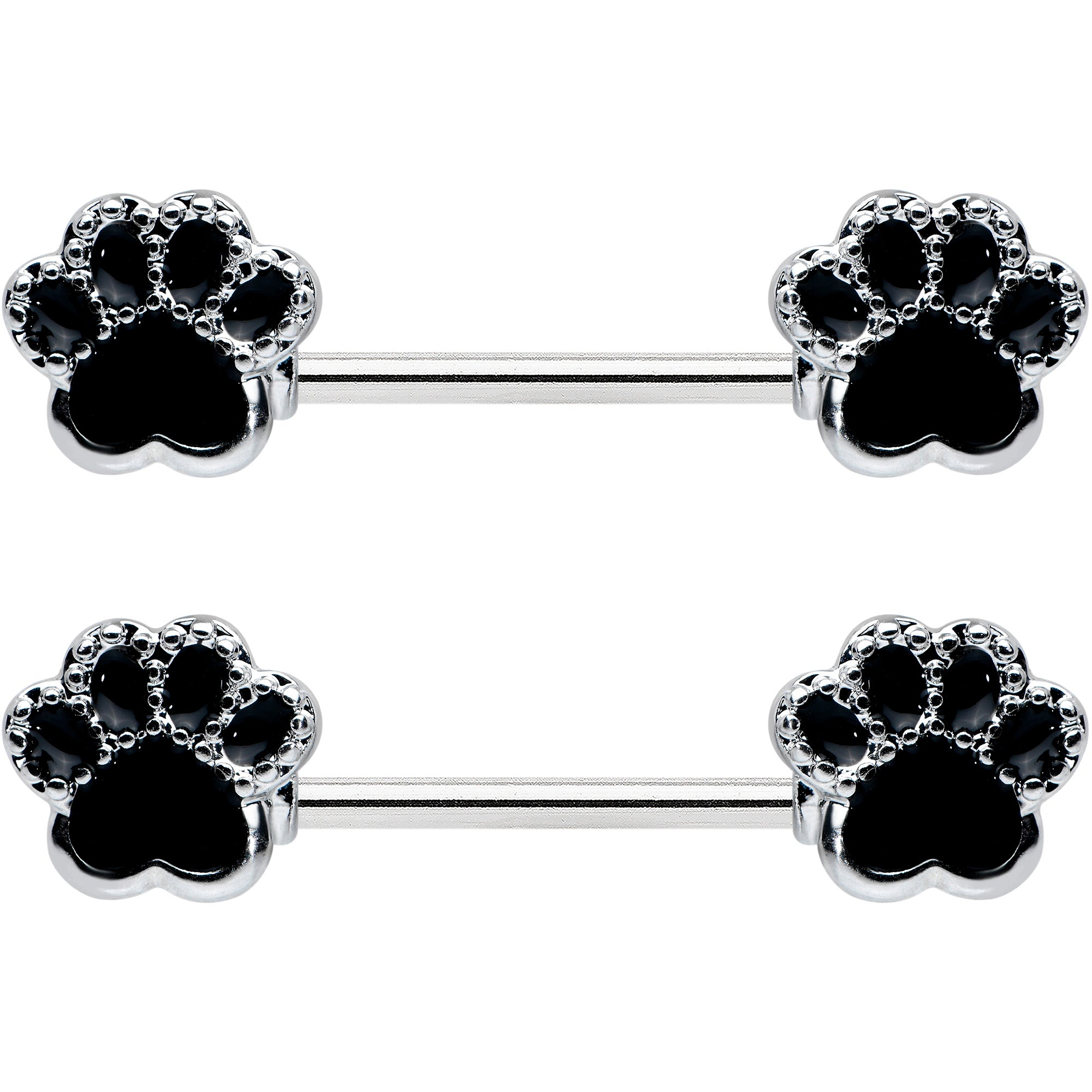 14G 9/16 Textured Black Paw Print Barbell Nipple Ring Set