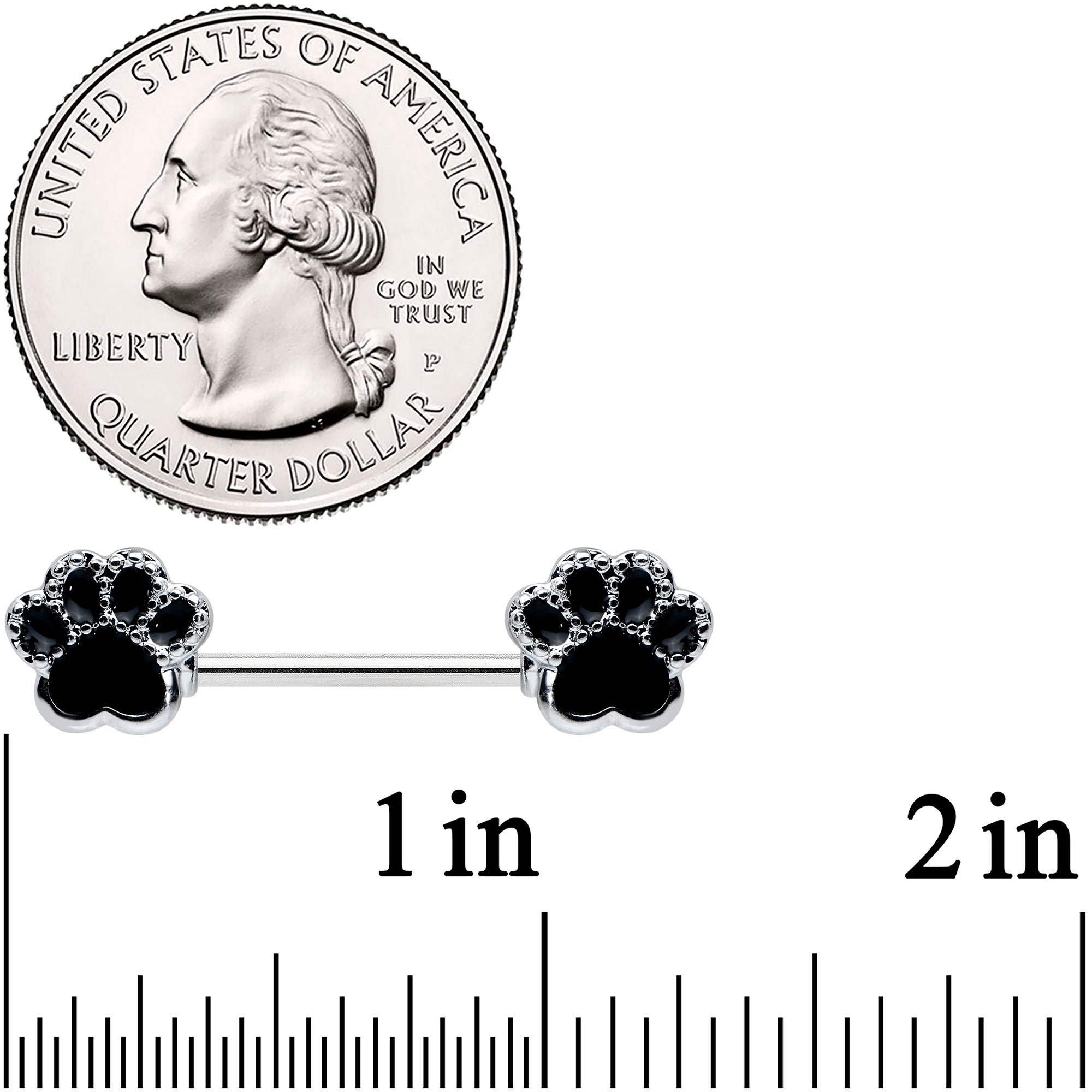 14G 9/16 Textured Black Paw Print Barbell Nipple Ring Set