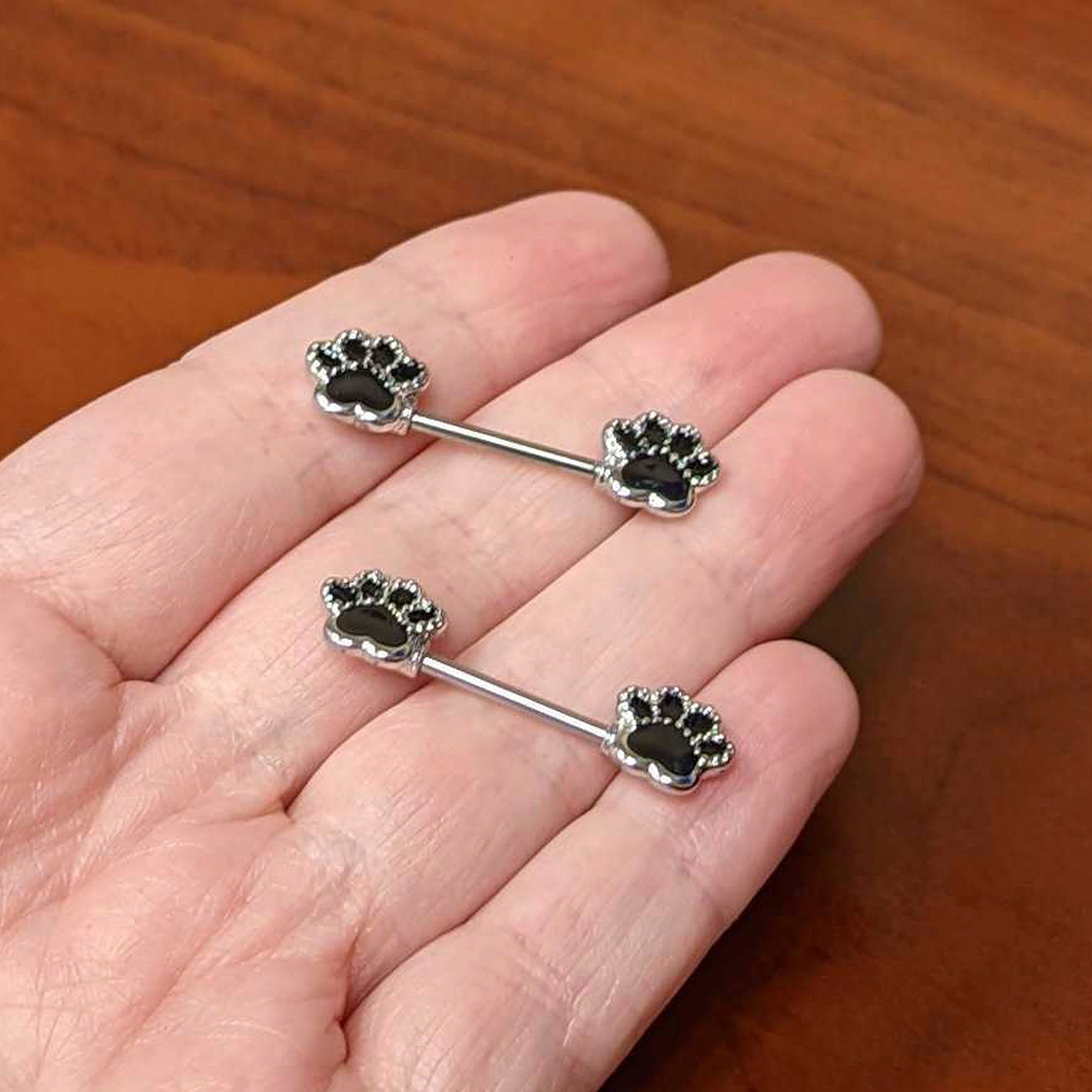14G 9/16 Textured Black Paw Print Barbell Nipple Ring Set