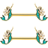 14 Gauge 9/16 Green Faux Opal Gold Tone Curvy Mermaid Nipple Ring Set
