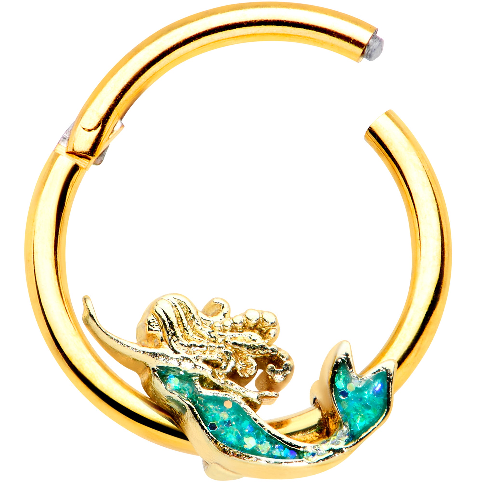 16G 3/8 Green Faux Opal Gold Hue Mermaid Hinged Segment Ring