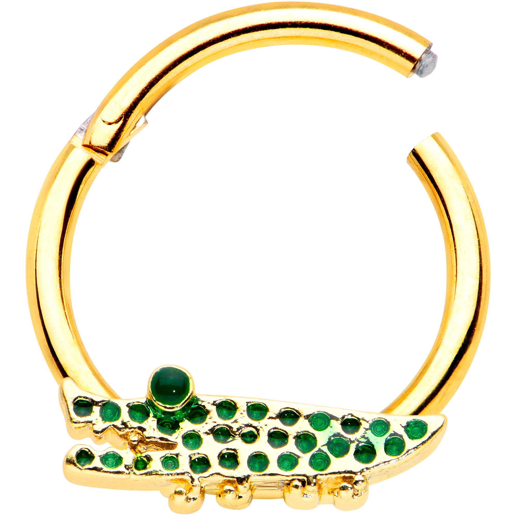 16G 3/8 Gold Tone Hungry Green Alligator Hinged Segment Ring