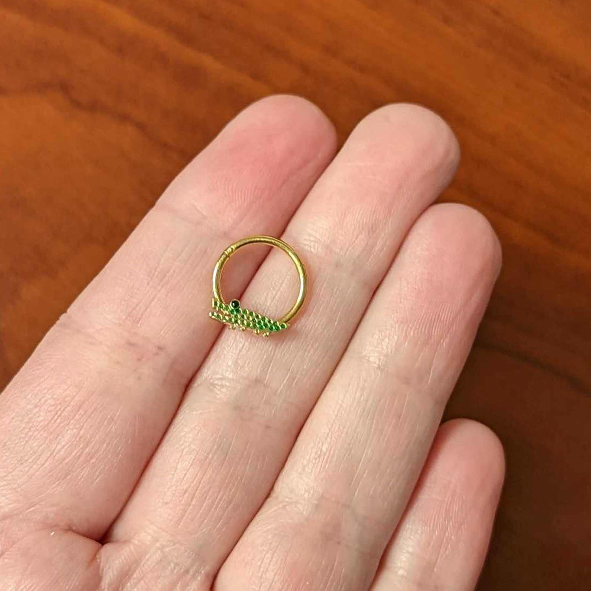 16G 3/8 Gold Tone Hungry Green Alligator Hinged Segment Ring