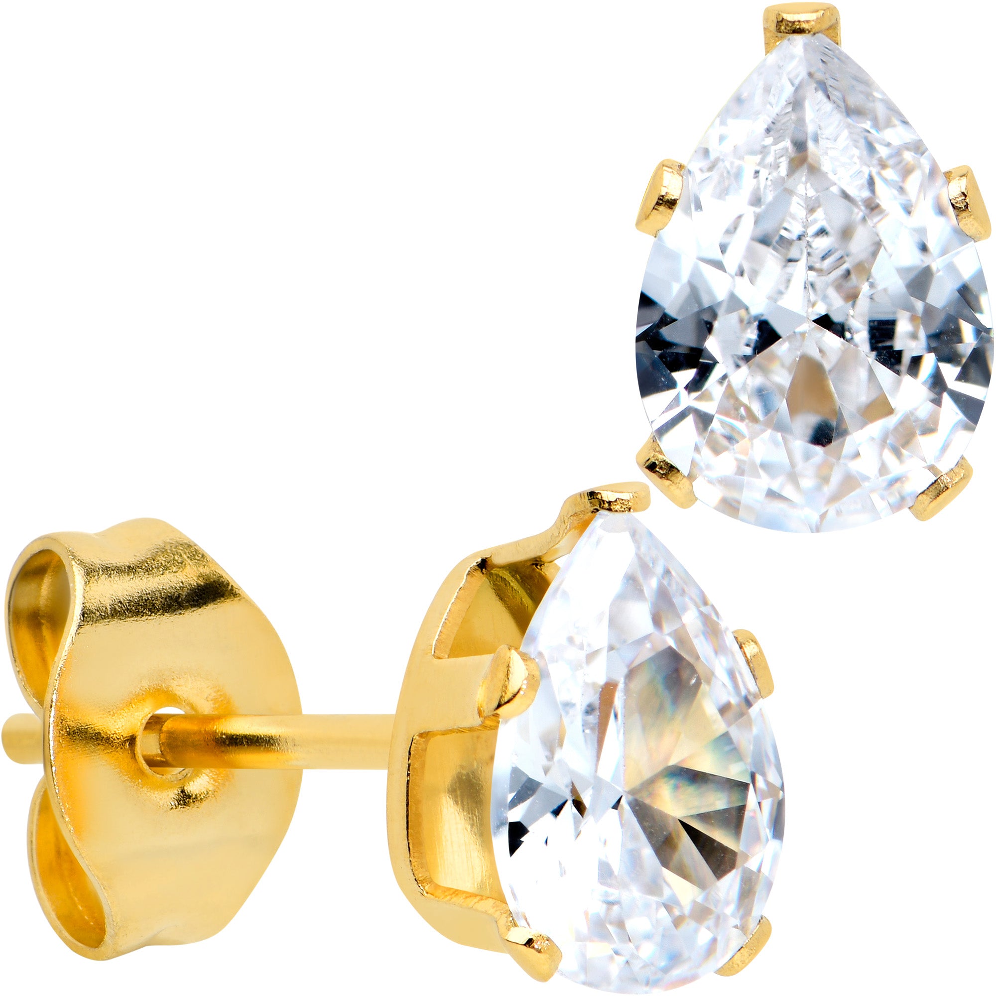 CZ Teardrop Clear Gold Tone Stainless Steel Stud Earrings 3mm to 7mm
