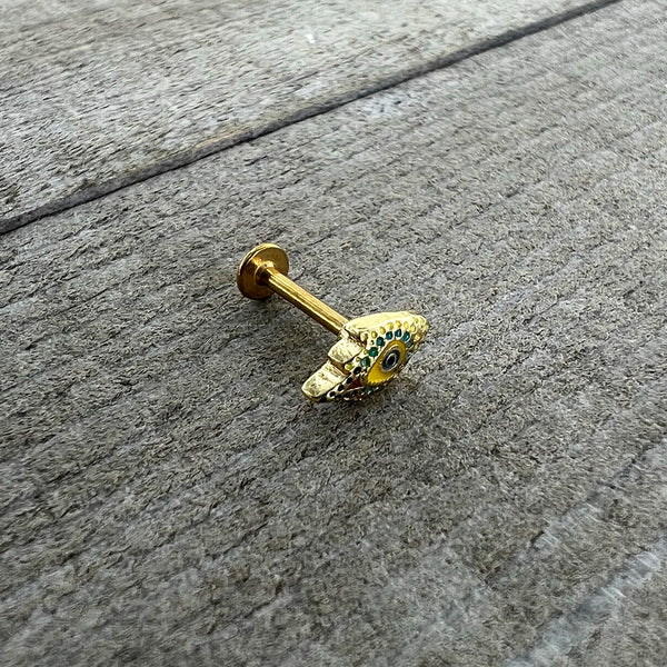 16 Gauge 5/16 Gold Tone Bold Peacock Feather Labret Monroe Tragus