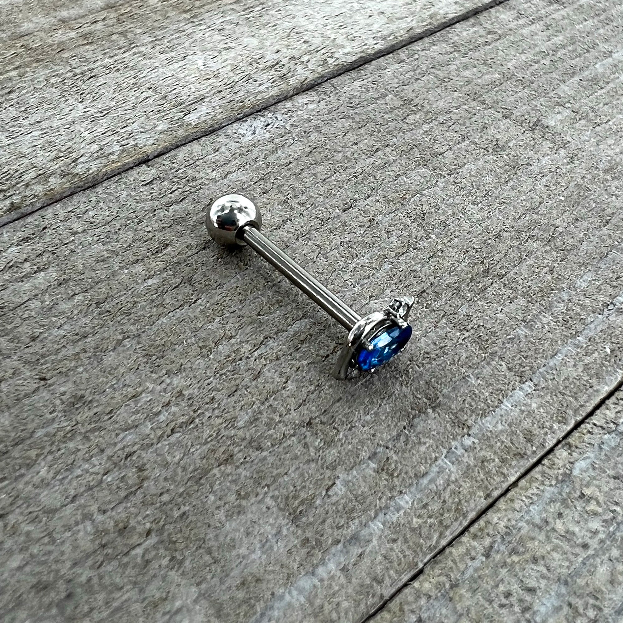 Clear Blue Gem Oval Swirl Barbell Tongue Ring