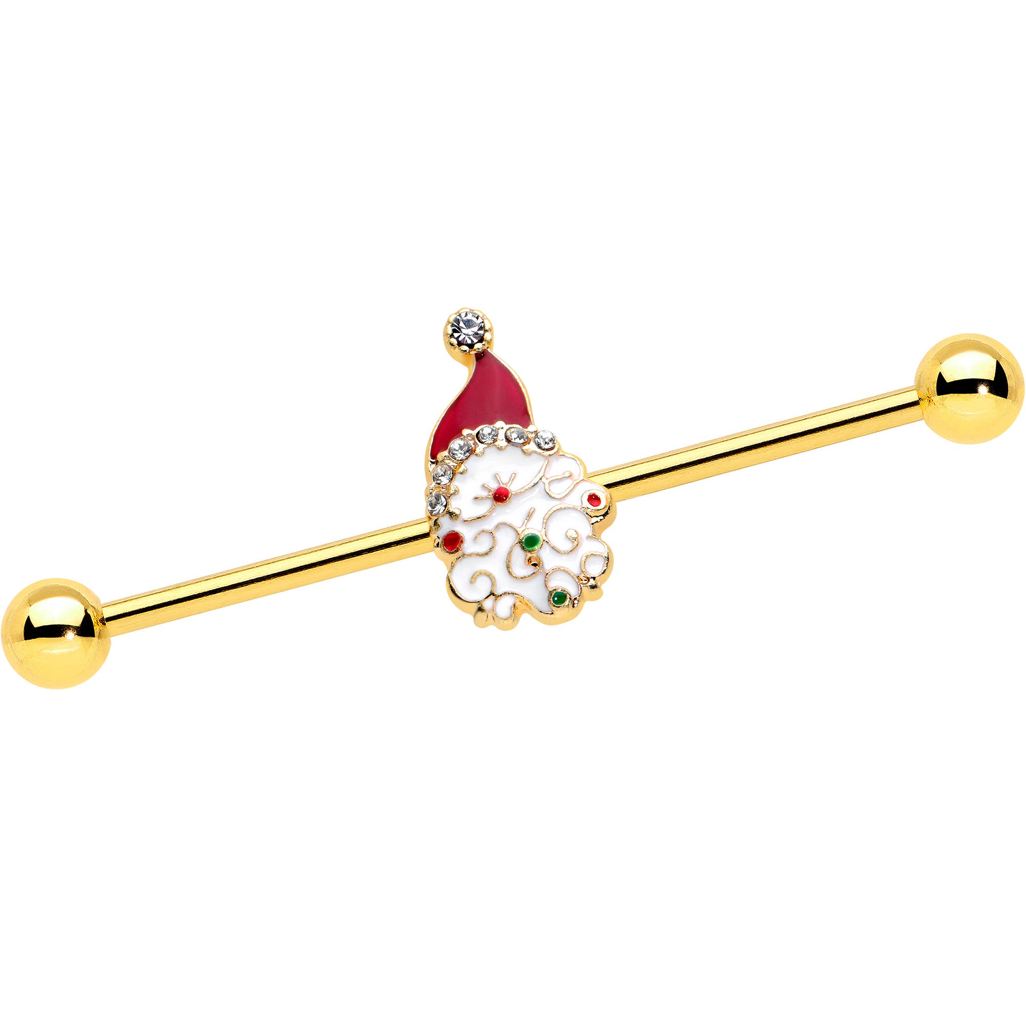 14 Gauge Clear Gem Gold Tone Decorated Santa Holiday Industrial Barbell 38mm