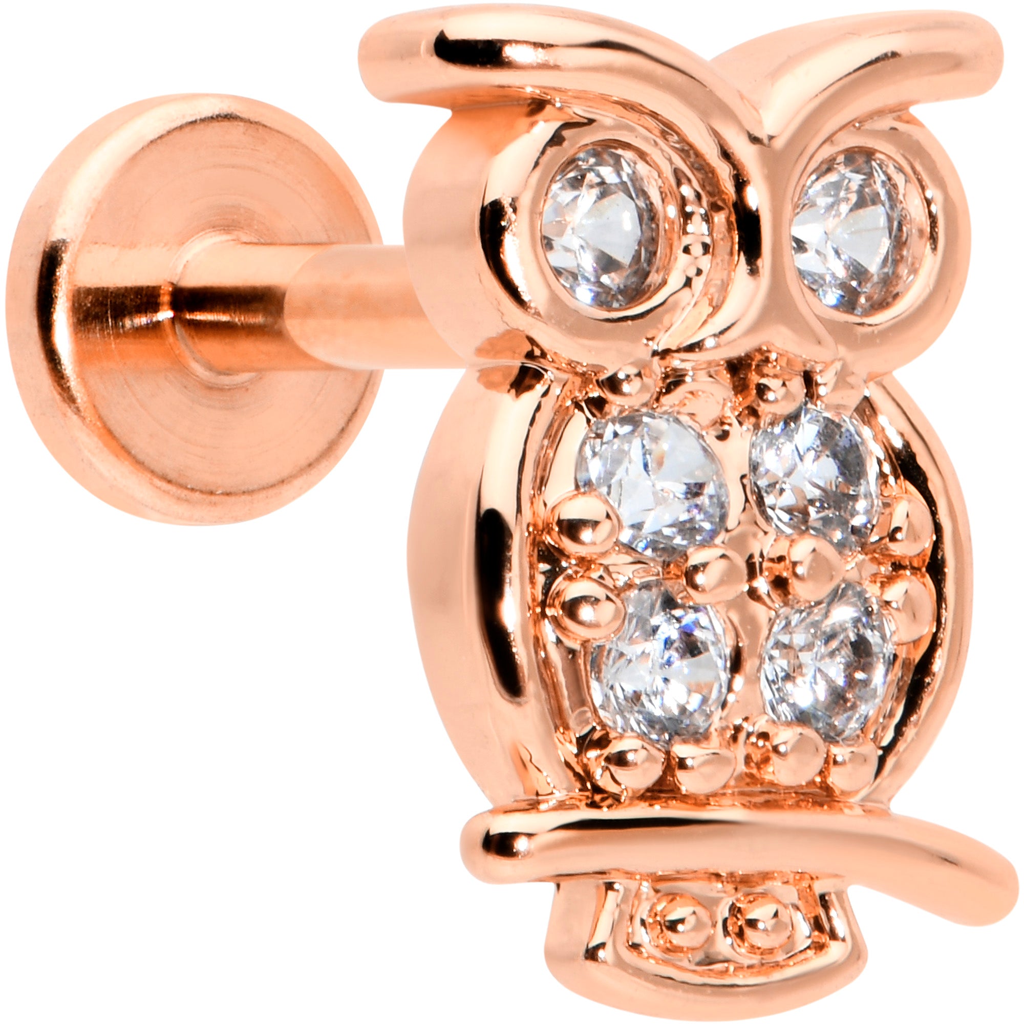 16G 1/4 Clear CZ Gem Rosy Hue Owl Internal Thread Labret Tragus