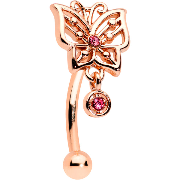 16 Gauge 5/16 Pink CZ Gem Rose Gold Tone Butterfly Curved Eyebrow Ring