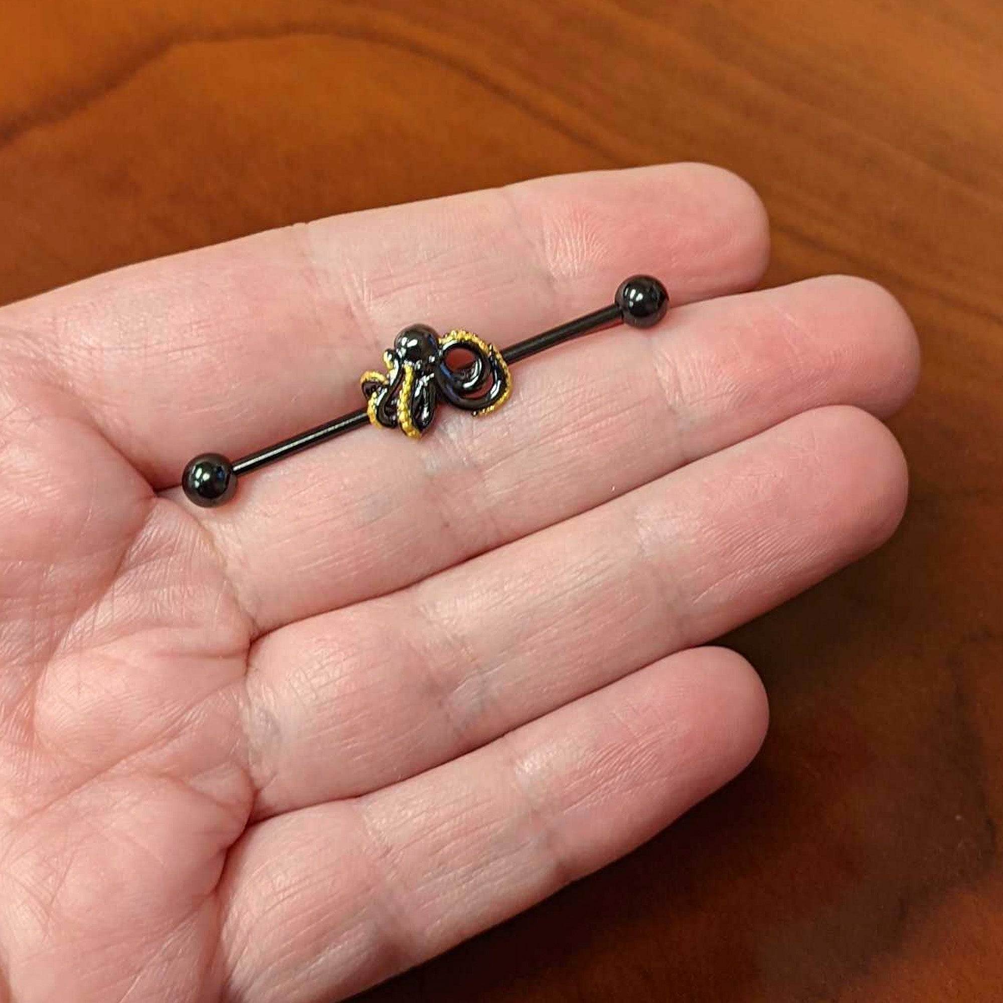 14G Black Understated Octopus Industrial Barbell 38mm