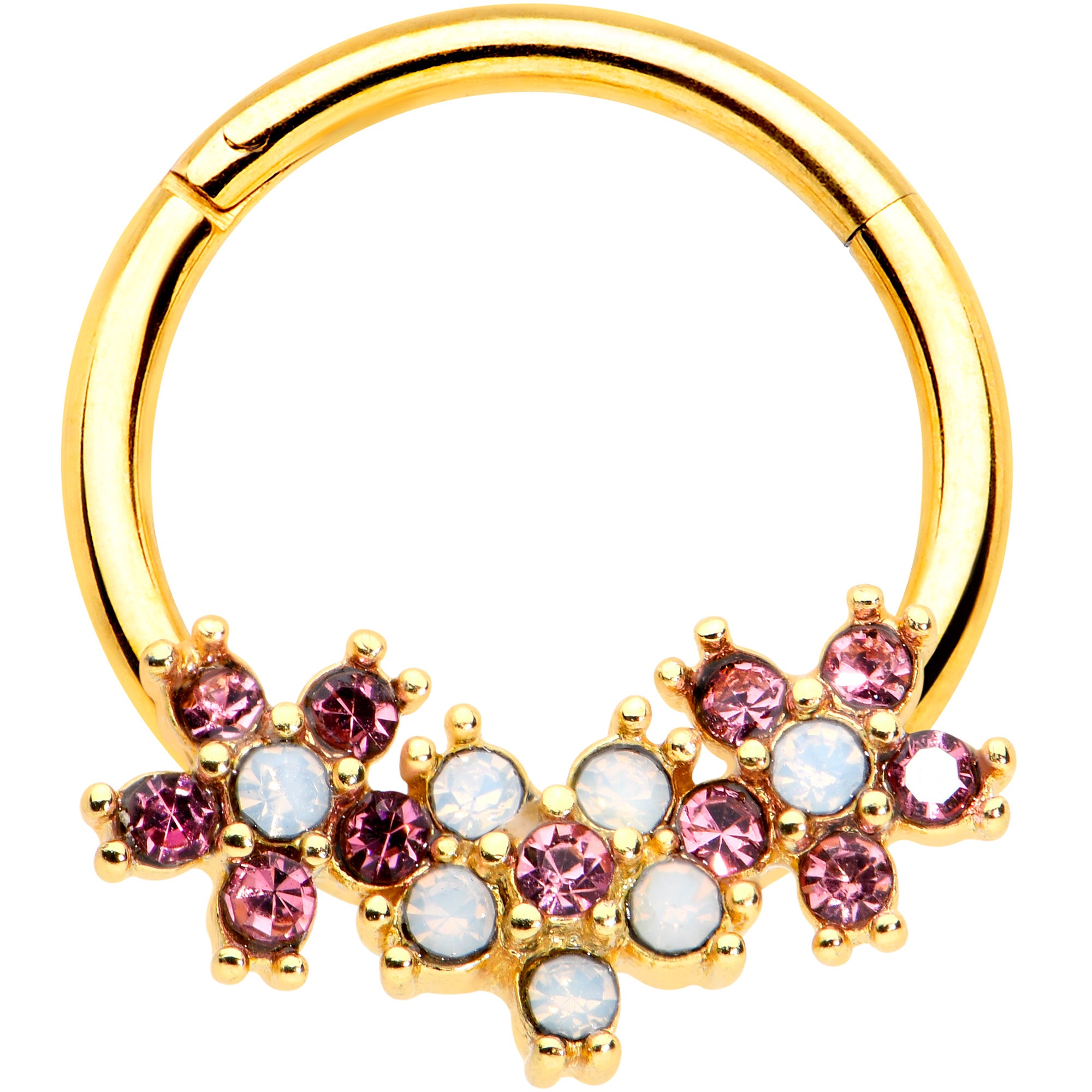 16G 3/8 White Faux Opal Gold Hue Bunch Flower Hinged Segment Ring