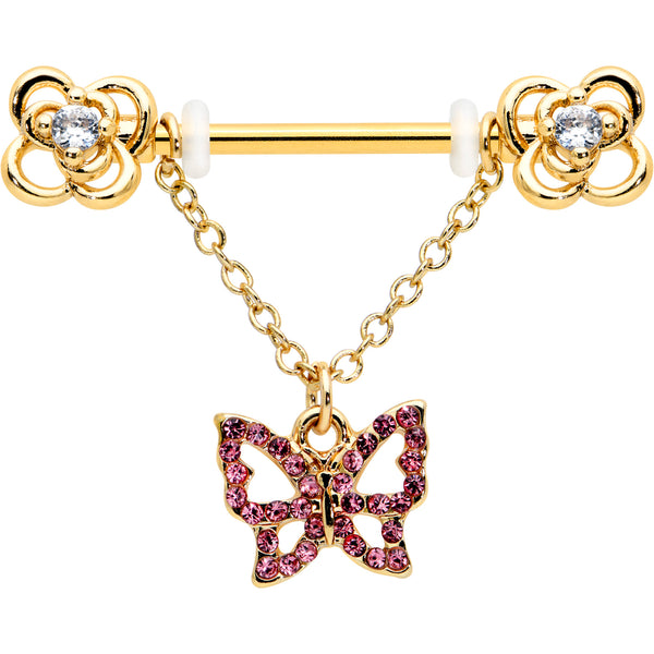 14 Gauge 5/8 Pink Gem Gold Hue Simple Butterfly Dangle Nipple Ring Set